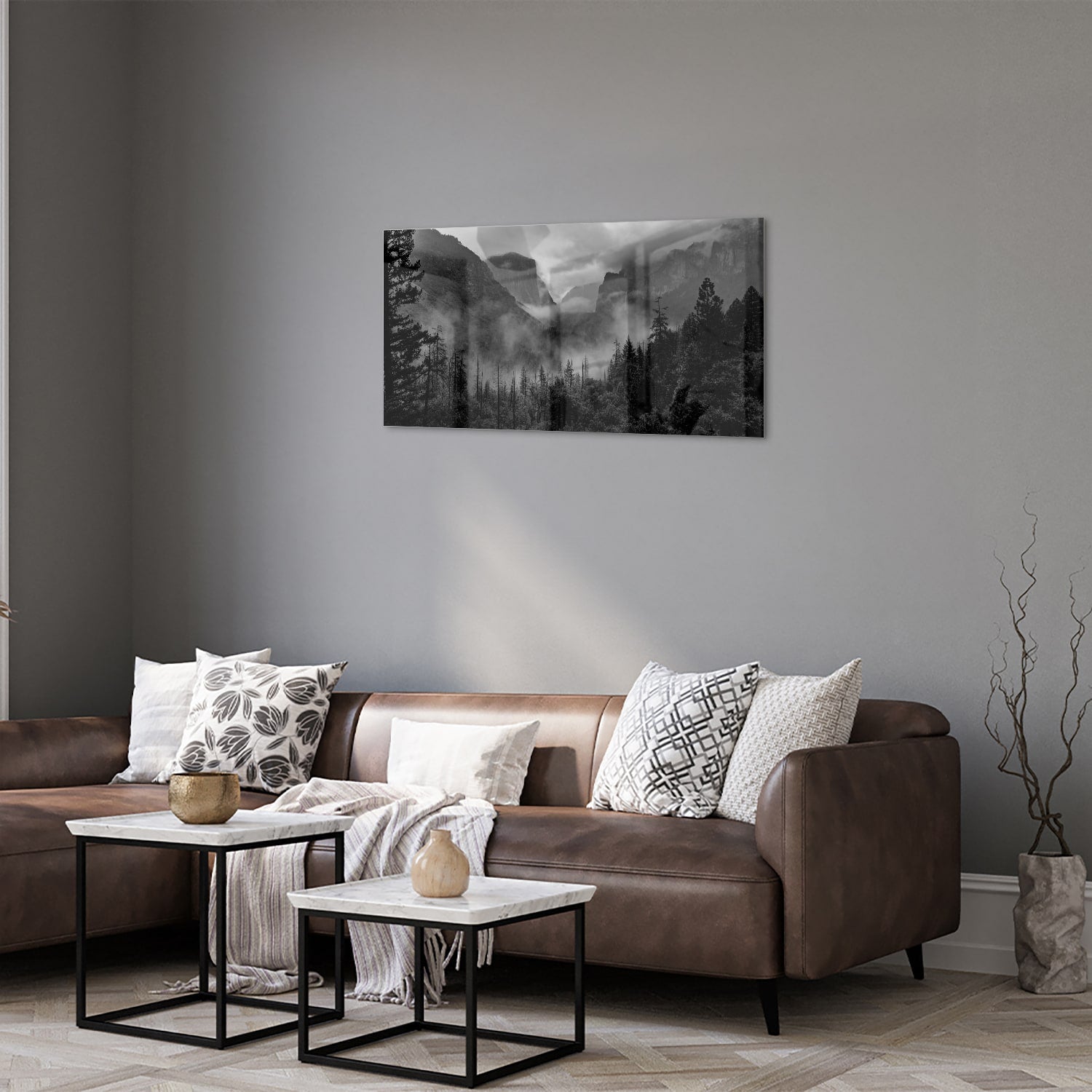 Schwarz-Weiß-Glasbild mit Berglandschaft – Glasbild aus Sicherheitsglas, Größe 125x50