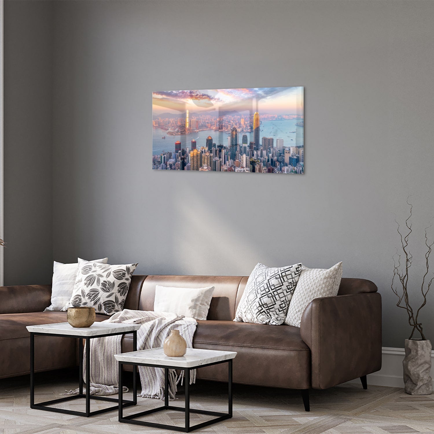 Glasbild mit Stadtansicht bei Sonnenuntergang – Glasbild aus Sicherheitsglas, Größe 125x50