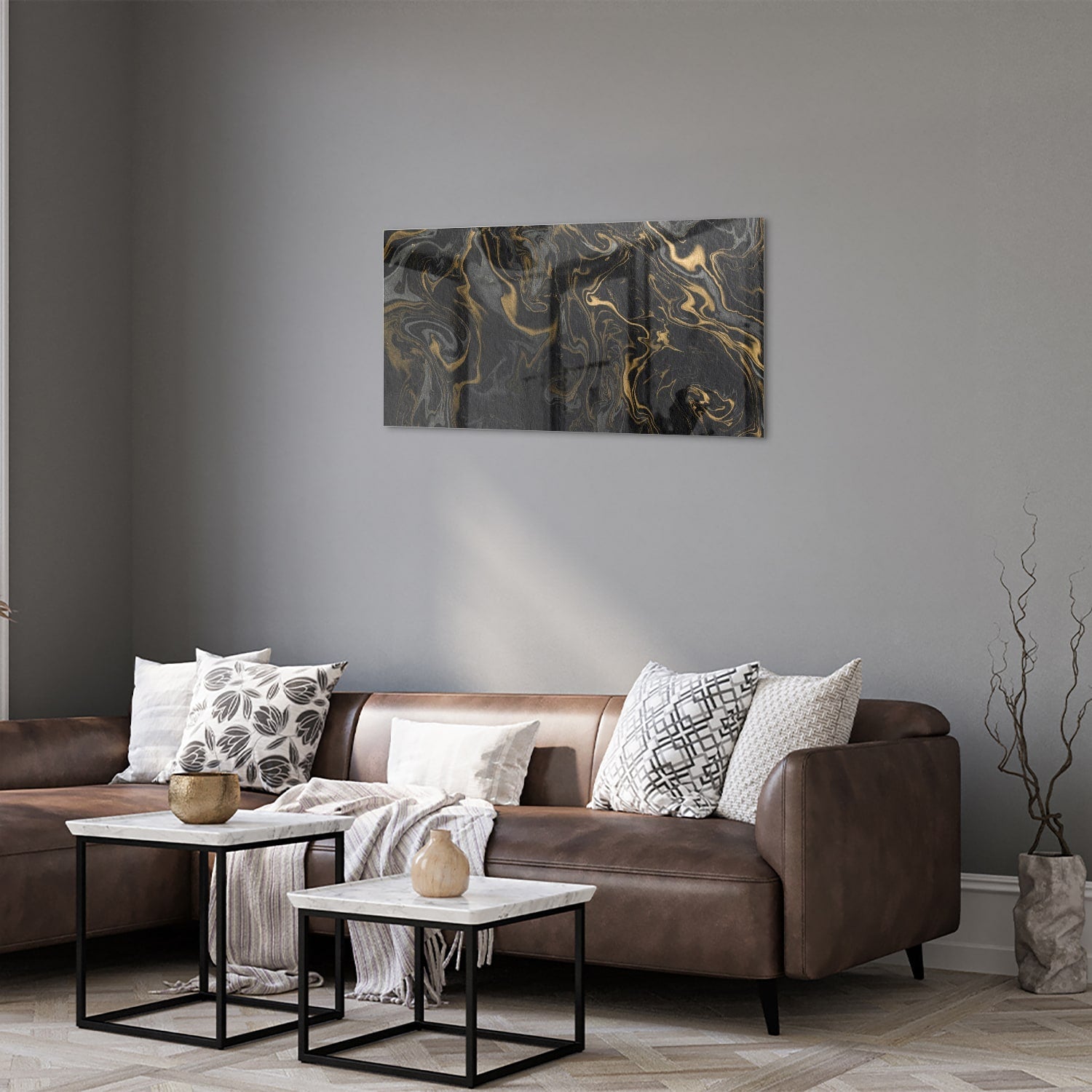 Elegantes schwarz-goldenes Glasbild für Ihr Wohnzimmer – Glasbild aus Sicherheitsglas, Größe 125x50