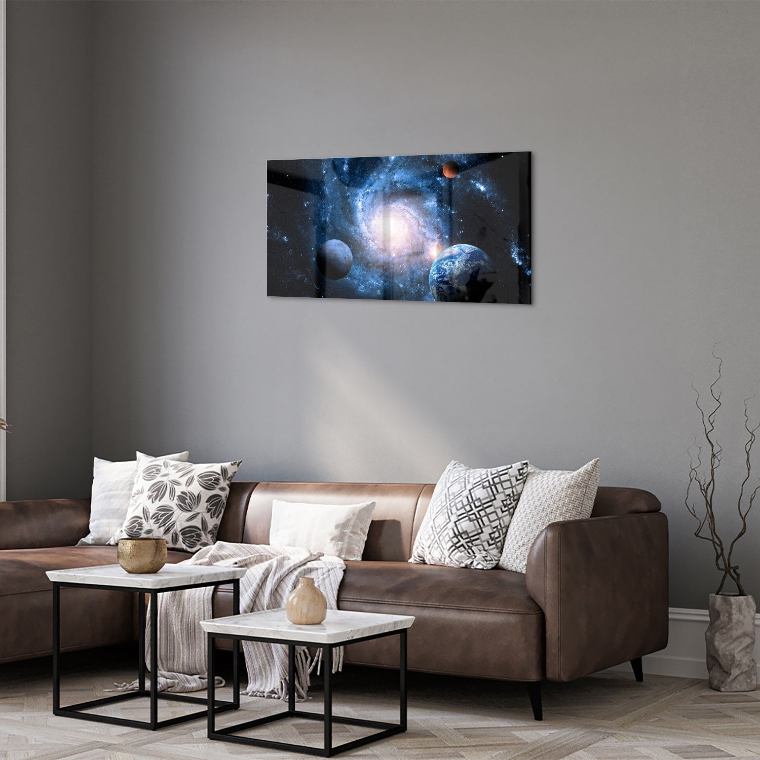 Glasbild mit Weltall und Planeten – Glasbild aus Sicherheitsglas, Größe 125x50