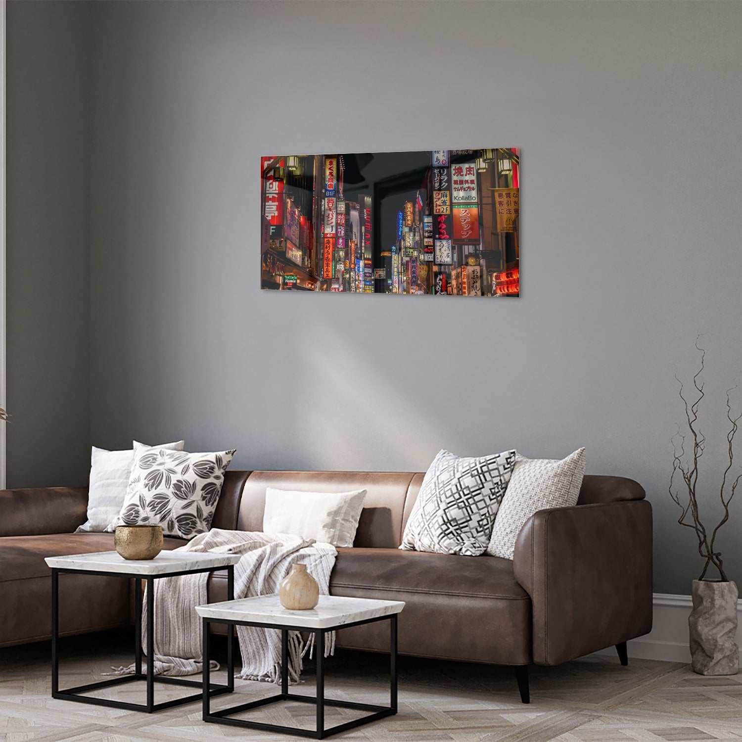 Glasbild mit urbaner Szenerie und bezaubernden Neonlichtern – Glasbild aus Sicherheitsglas, Größe 125x50