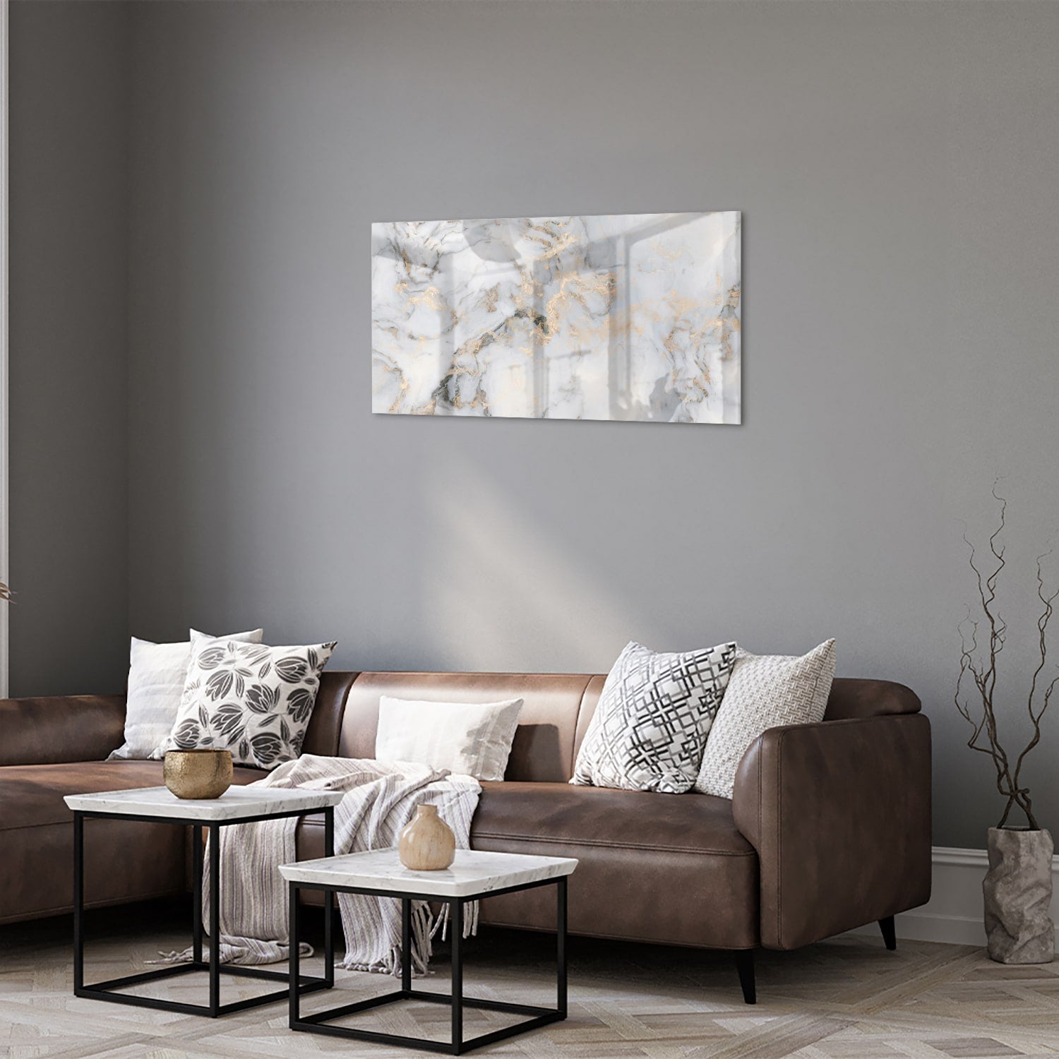 Elegantes Glasbild mit Marmoroptik und goldenen Details – Glasbild aus Sicherheitsglas, Größe 125x50