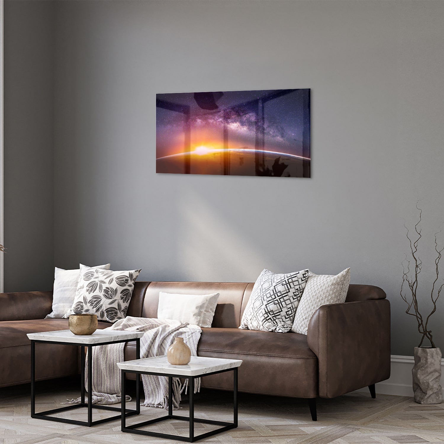 Glasbild mit einem Sternenhimmel bei Sonnenuntergang – Glasbild aus Sicherheitsglas, Größe 125x50