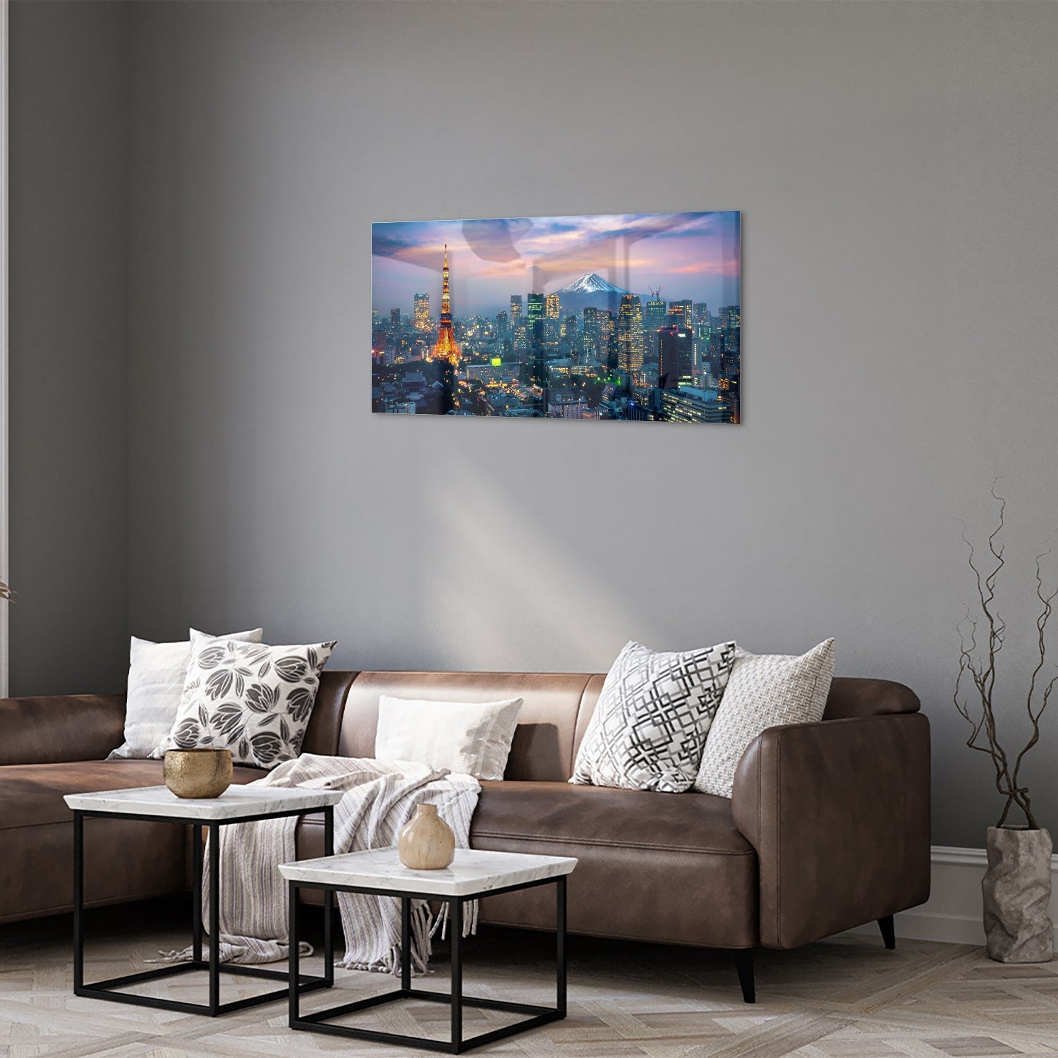 Glasbild mit Stadtpanorama, Fuji und Tokyo Tower – Glasbild aus Sicherheitsglas, Größe 125x50