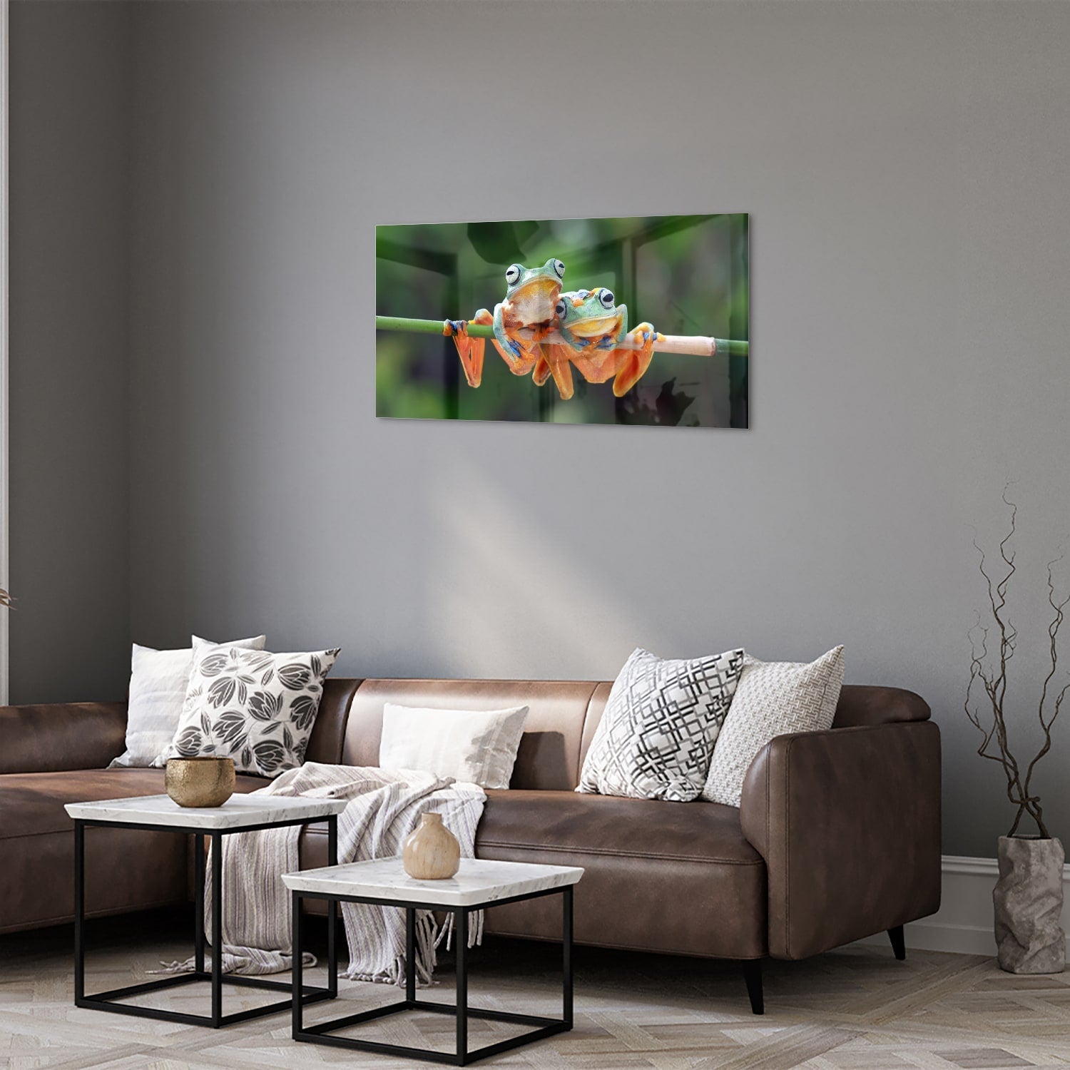 Fröhliches Glasbild mit Frosch auf einem Ast – Glasbild aus Sicherheitsglas, Größe 125x50