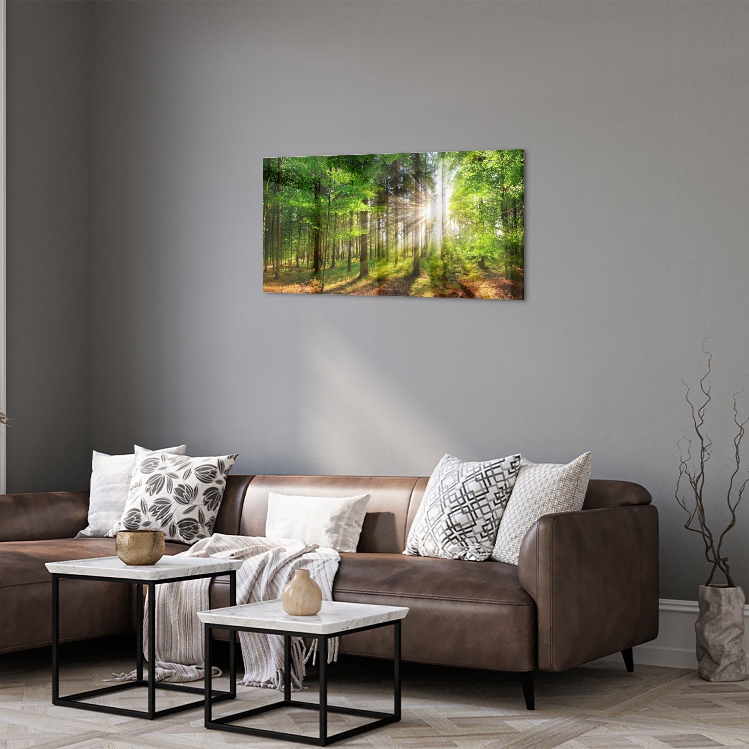 Glasbild mit sonnigem Wald für die Wohndekoration – Glasbild aus Sicherheitsglas, Größe 125x50