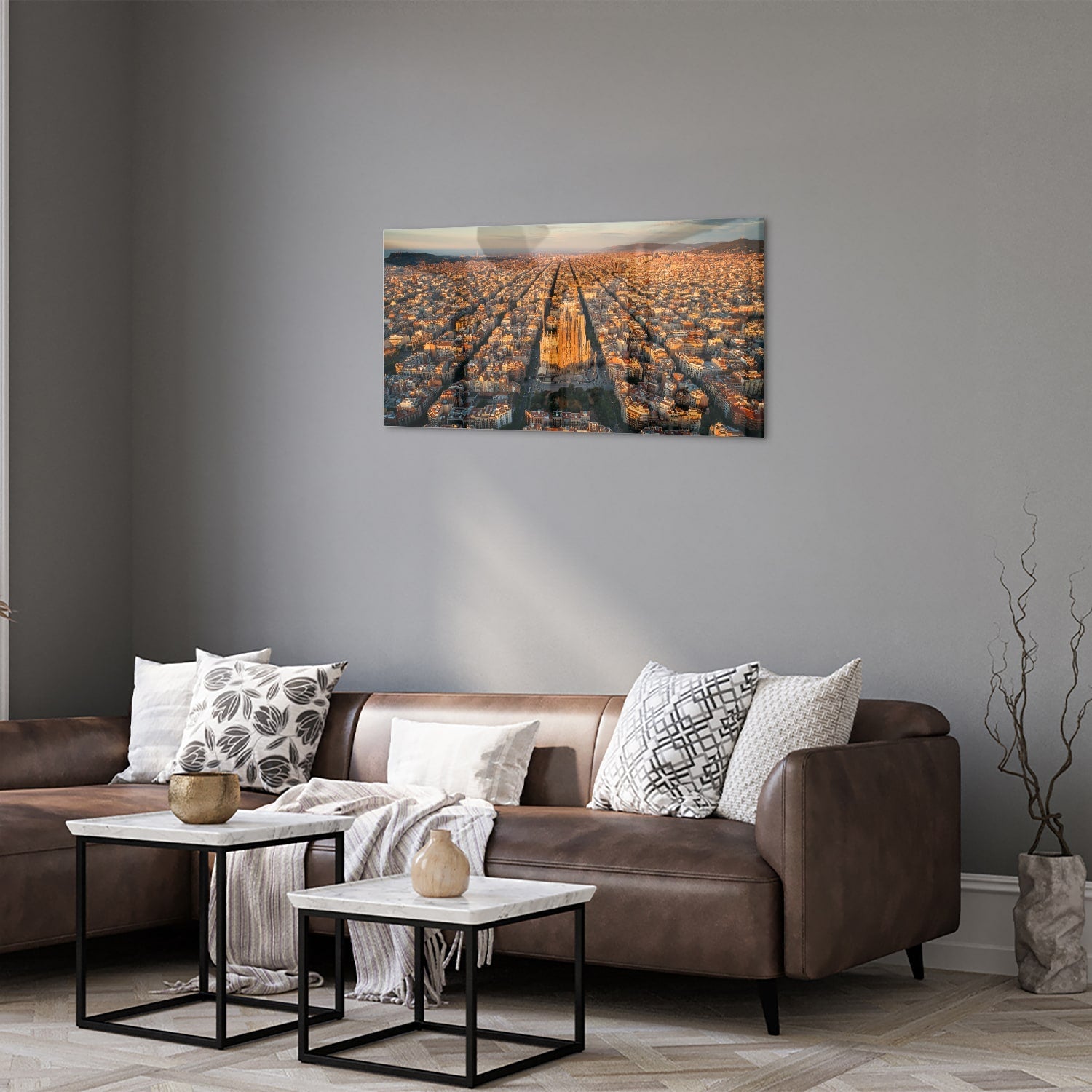 Glasbild mit atemberaubendem Stadtblick bei Sonnenuntergang – Glasbild aus Sicherheitsglas, Größe 125x50