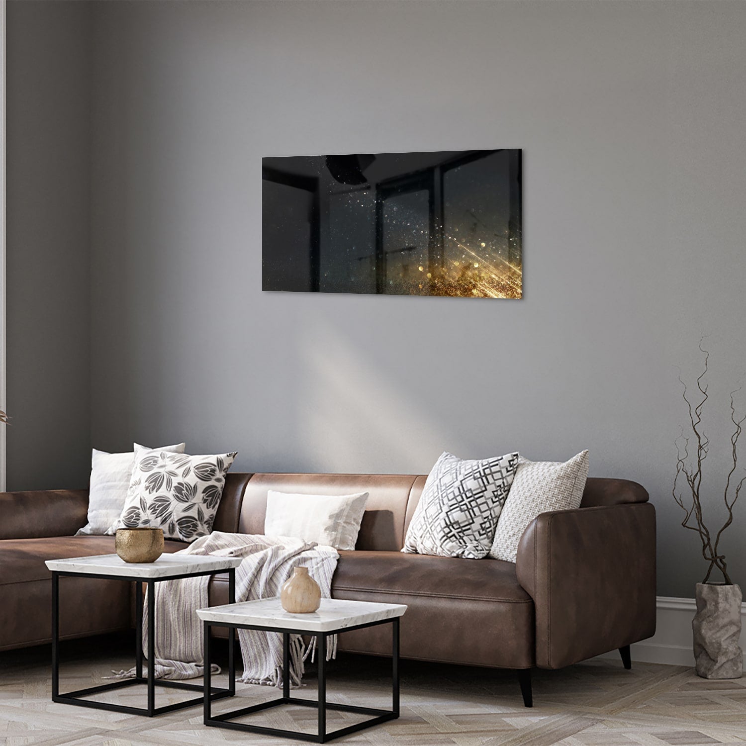Schwarzes Glasbild mit Sternen und Lichtreflexionen – Glasbild aus Sicherheitsglas, Größe 125x50