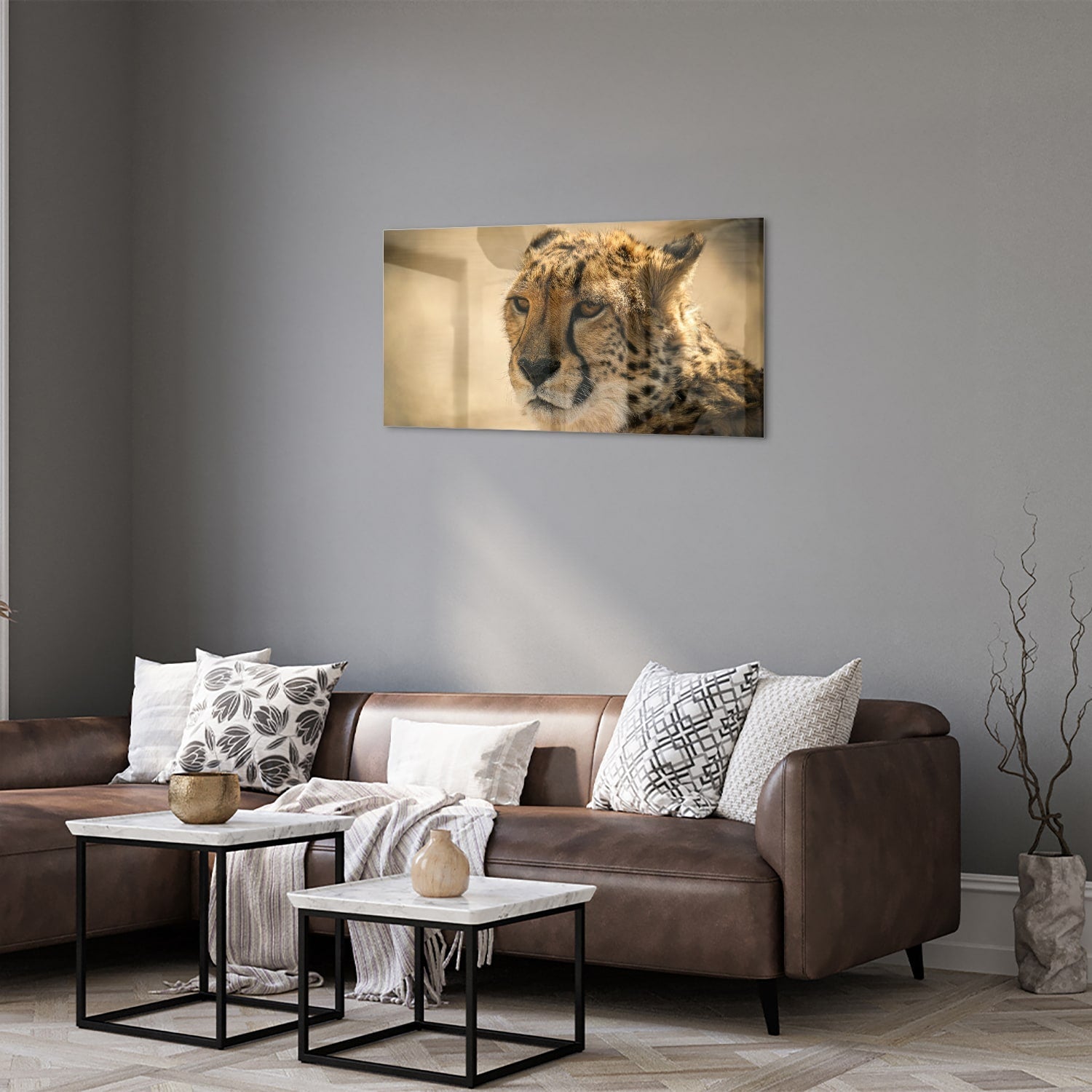 Elegantes Glasbild mit einem Leoparden – Glasbild aus Sicherheitsglas, Größe 125x50