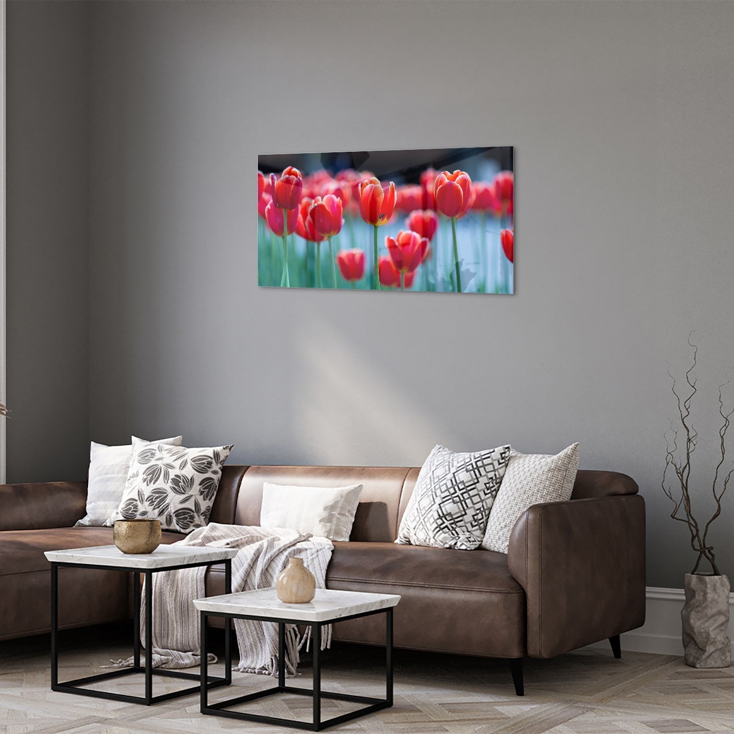 Glasbild – Lebendige rote Tulpen – Glasbild aus Sicherheitsglas, Größe 125x50