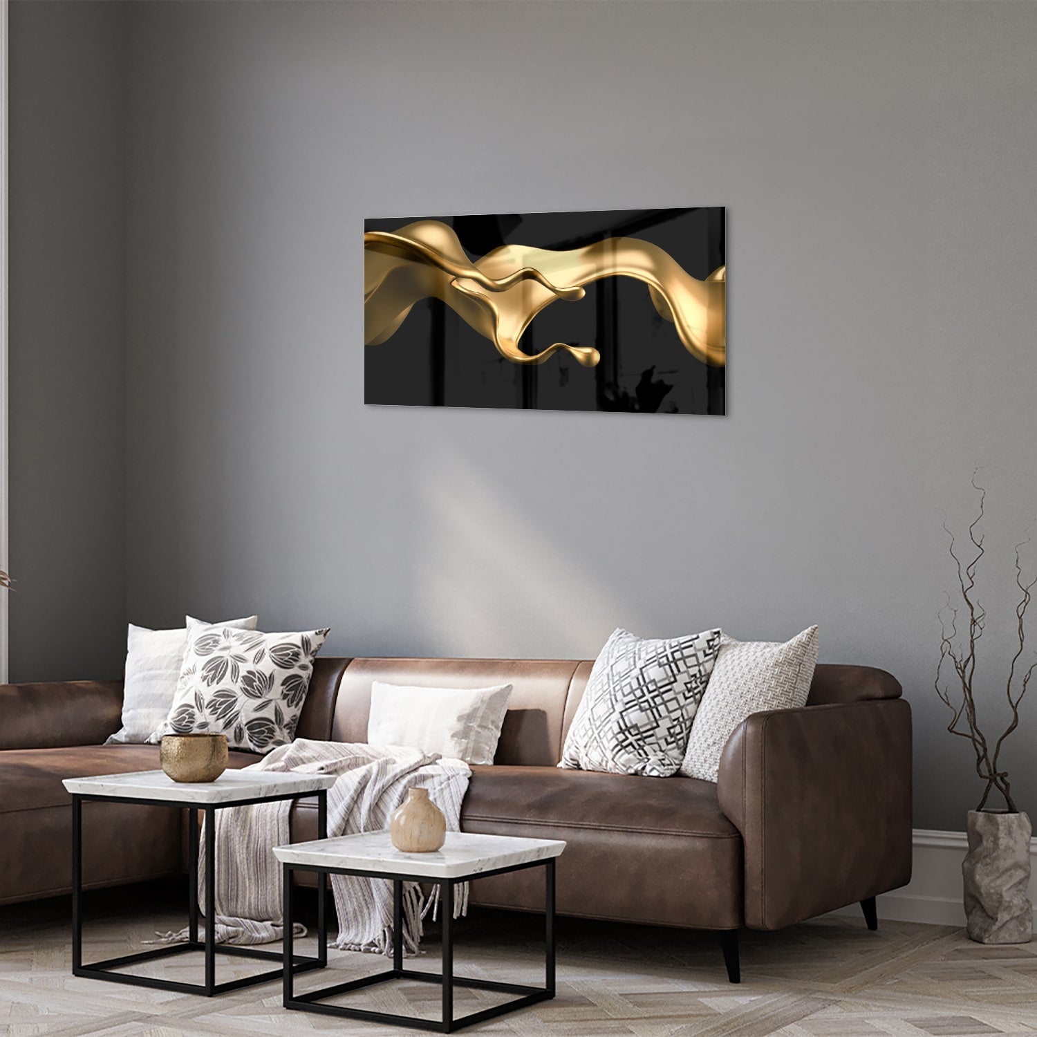 Abstraktes Glasbild mit goldener Welle für elegante Innenräume – Glasbild aus Sicherheitsglas, Größe 125x50
