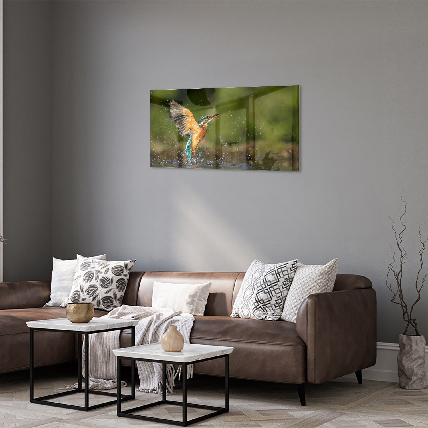 Glasbild mit einem farbenfrohen Eisvogel – Glasbild aus Sicherheitsglas, Größe 125x50