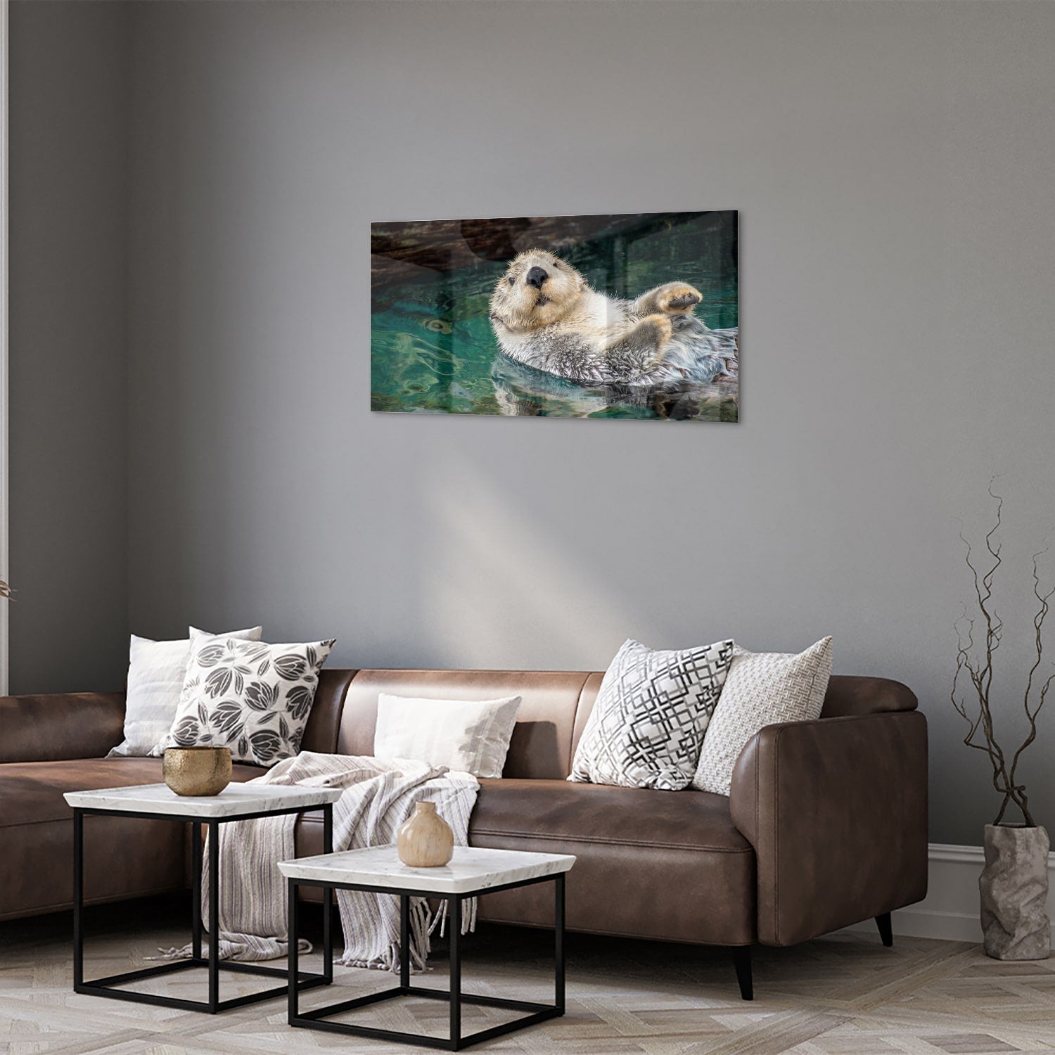 Glasbild mit schwimmendem Seeotter – Glasbild aus Sicherheitsglas, Größe 125x50