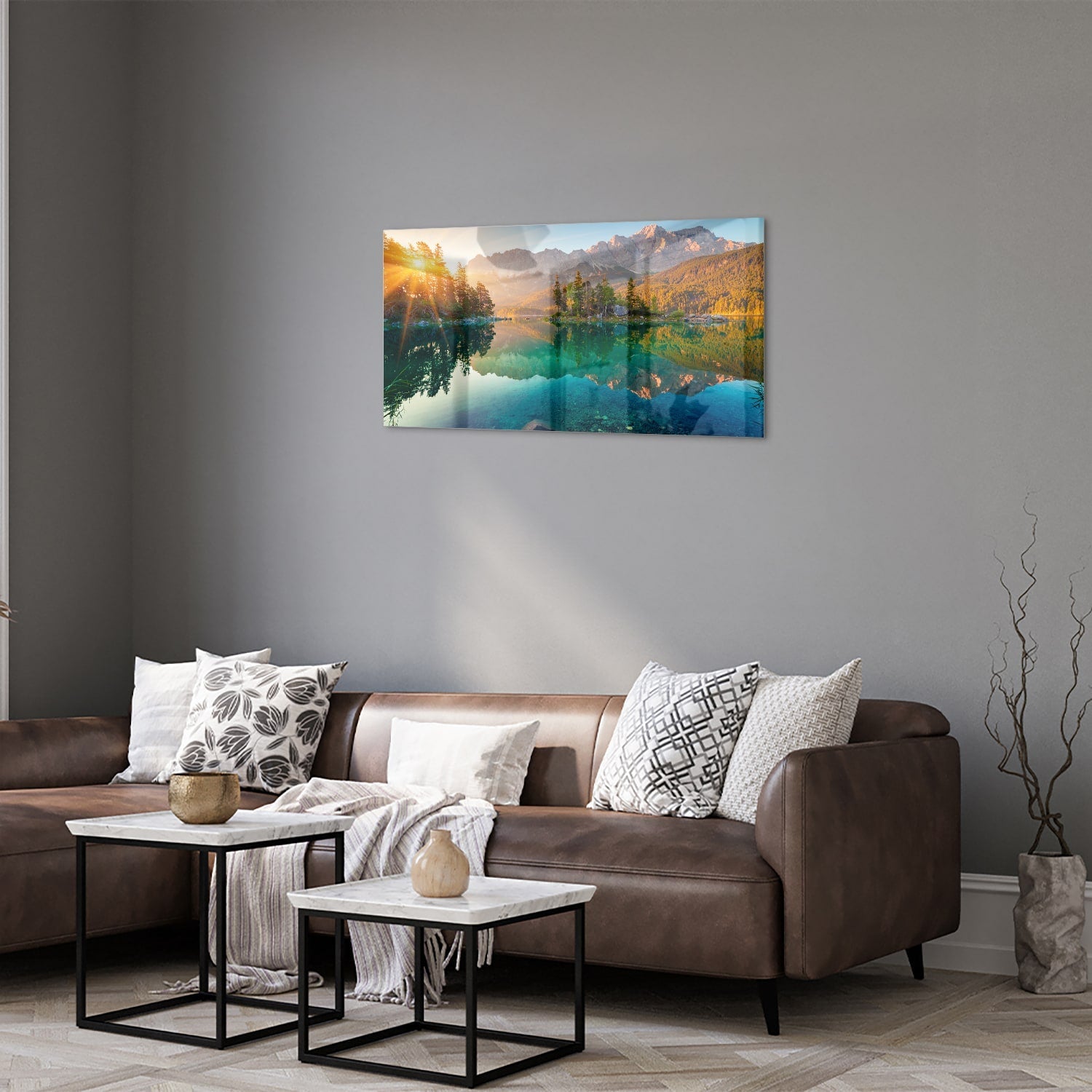 Wunderschönes Glasbild mit Berglandschaft und See – Glasbild aus Sicherheitsglas, Größe 125x50
