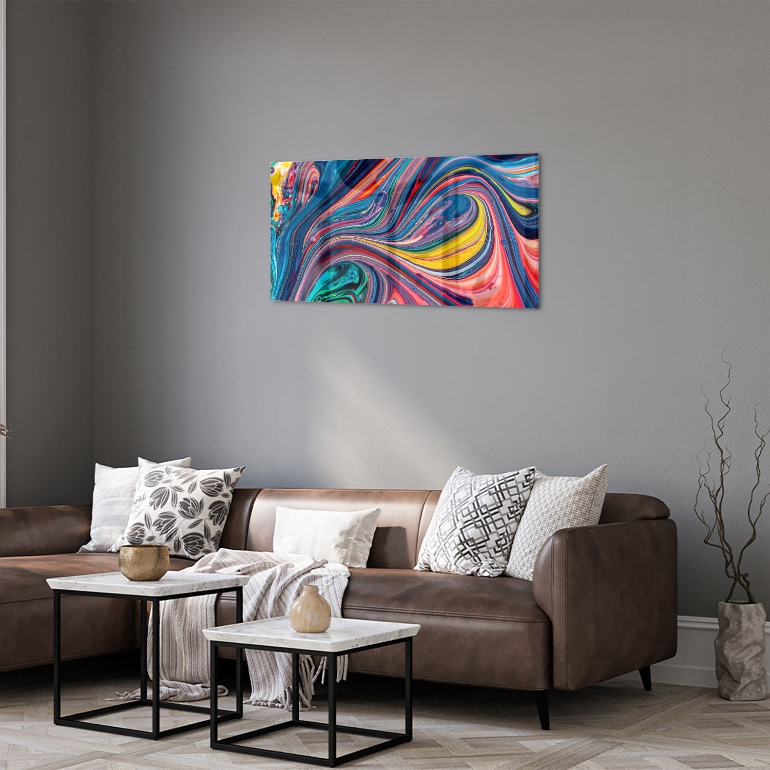Farbenfrohes abstraktes Glasbild für ein modernes Interieur – Glasbild aus Sicherheitsglas, Größe 125x50