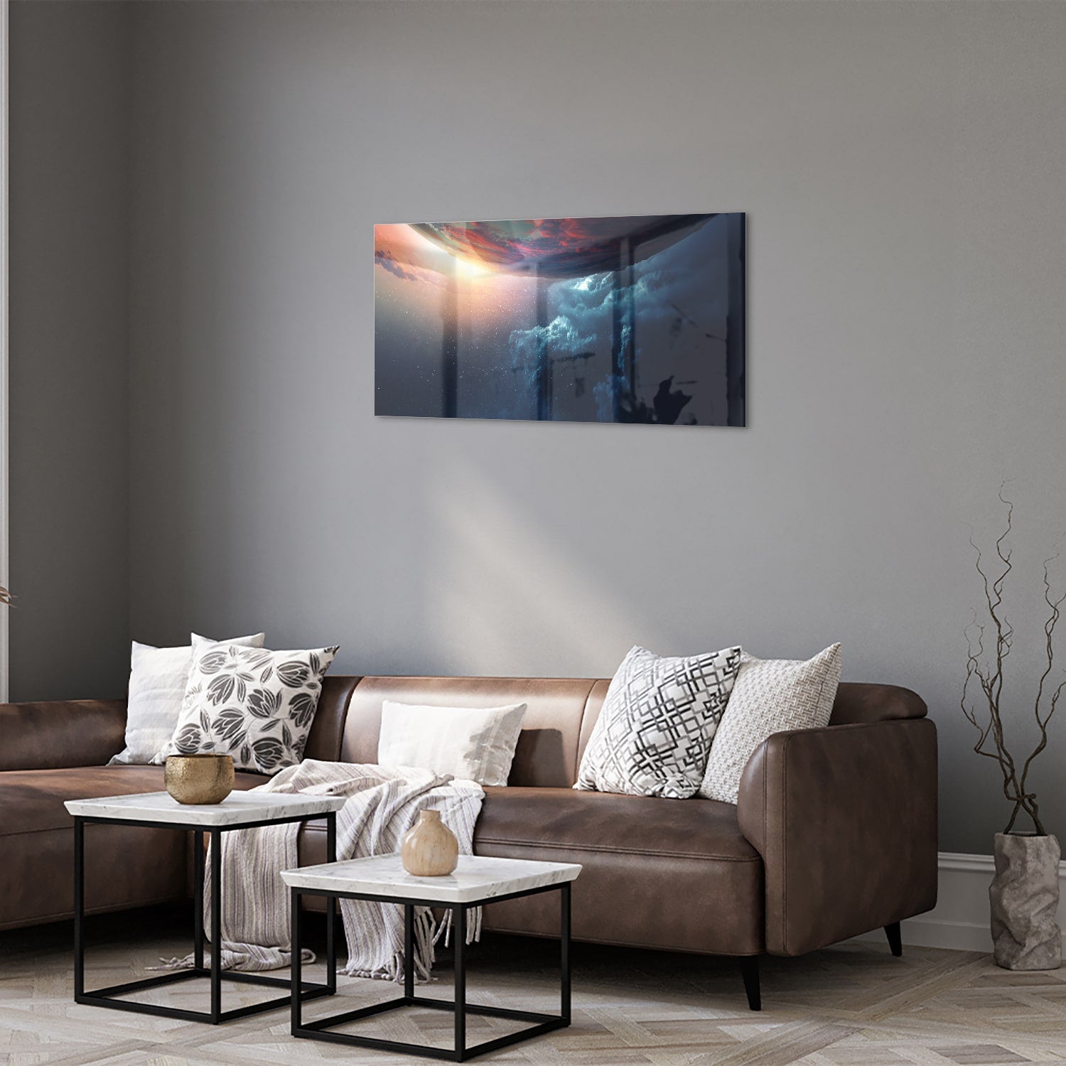Glasbild mit kosmischem Ausblick – Glasbild aus Sicherheitsglas, Größe 125x50