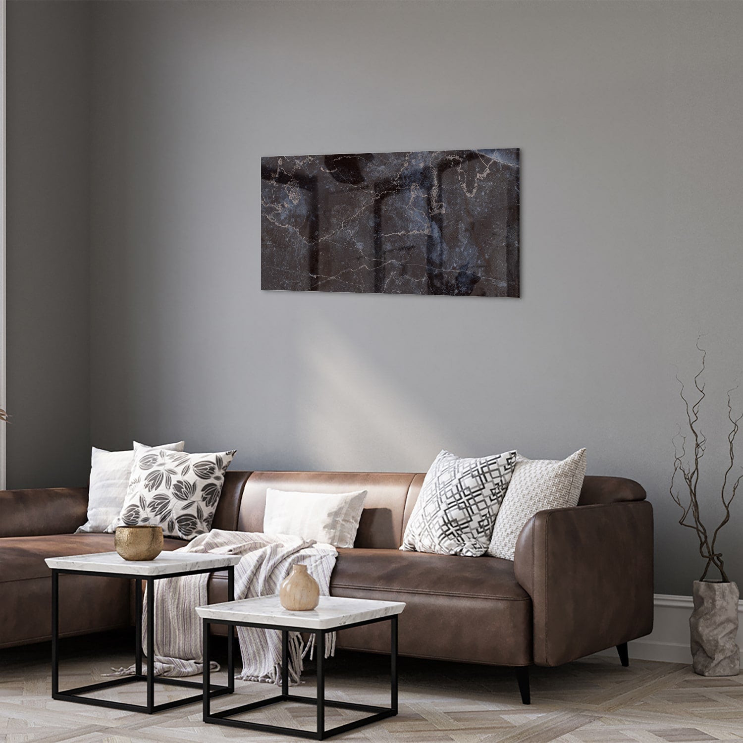 Elegantes Glasbild in dunkler Marmoroptik – Glasbild aus Sicherheitsglas, Größe 125x50
