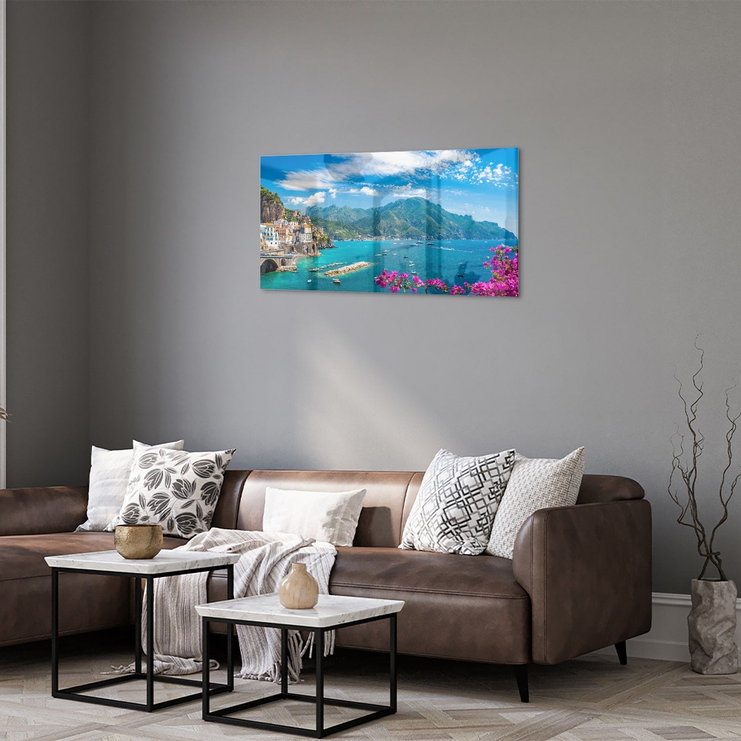 Glasbild mit blauem See und Bergen – Glasbild aus Sicherheitsglas, Größe 125x50