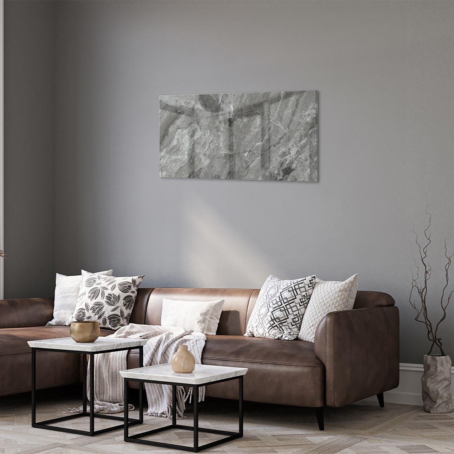 Stilvolles Glasbild mit grauer Marmorstruktur – Glasbild aus Sicherheitsglas, Größe 125x50