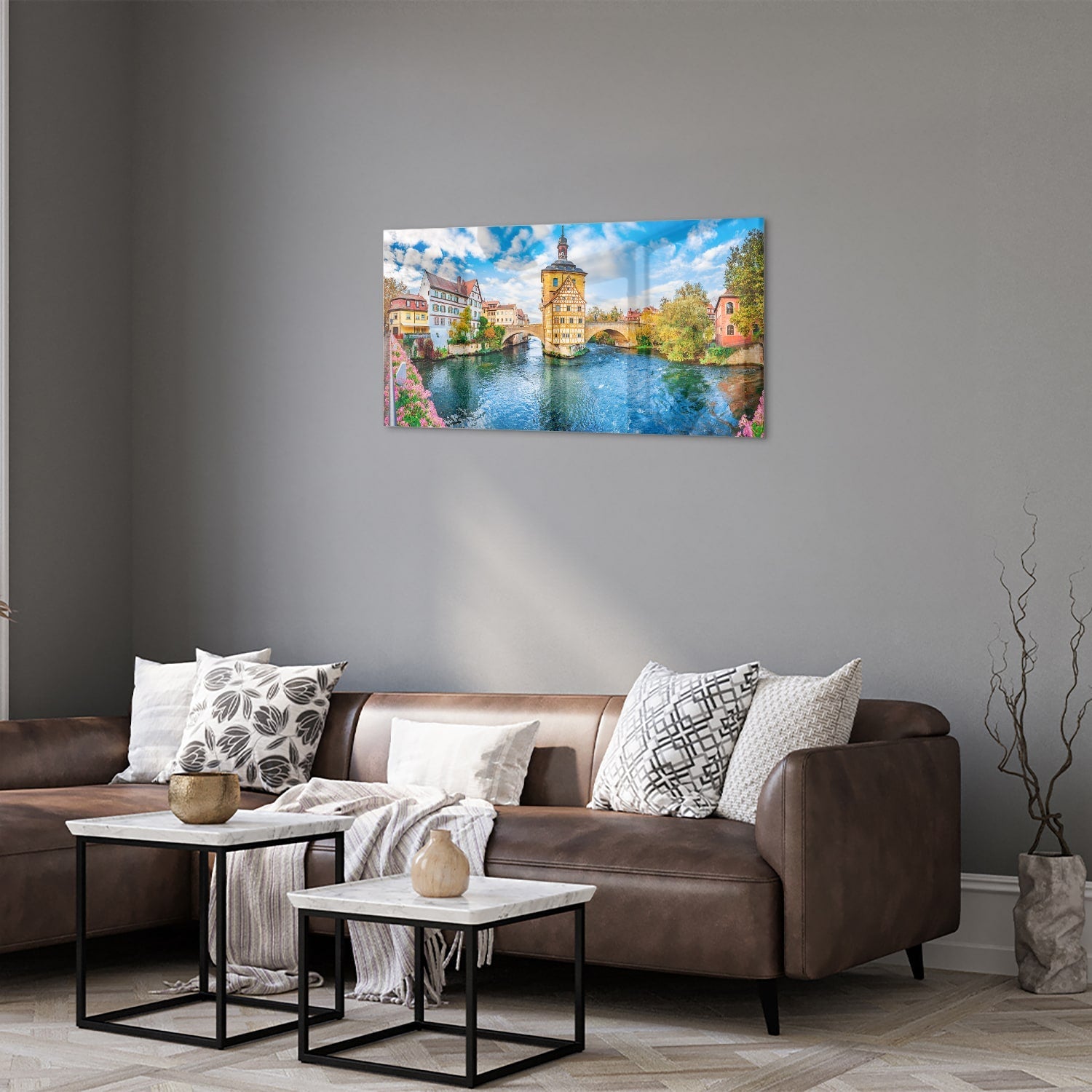 Glasbild mit malerischem Städtchen am Wasser – Glasbild aus Sicherheitsglas, Größe 125x50