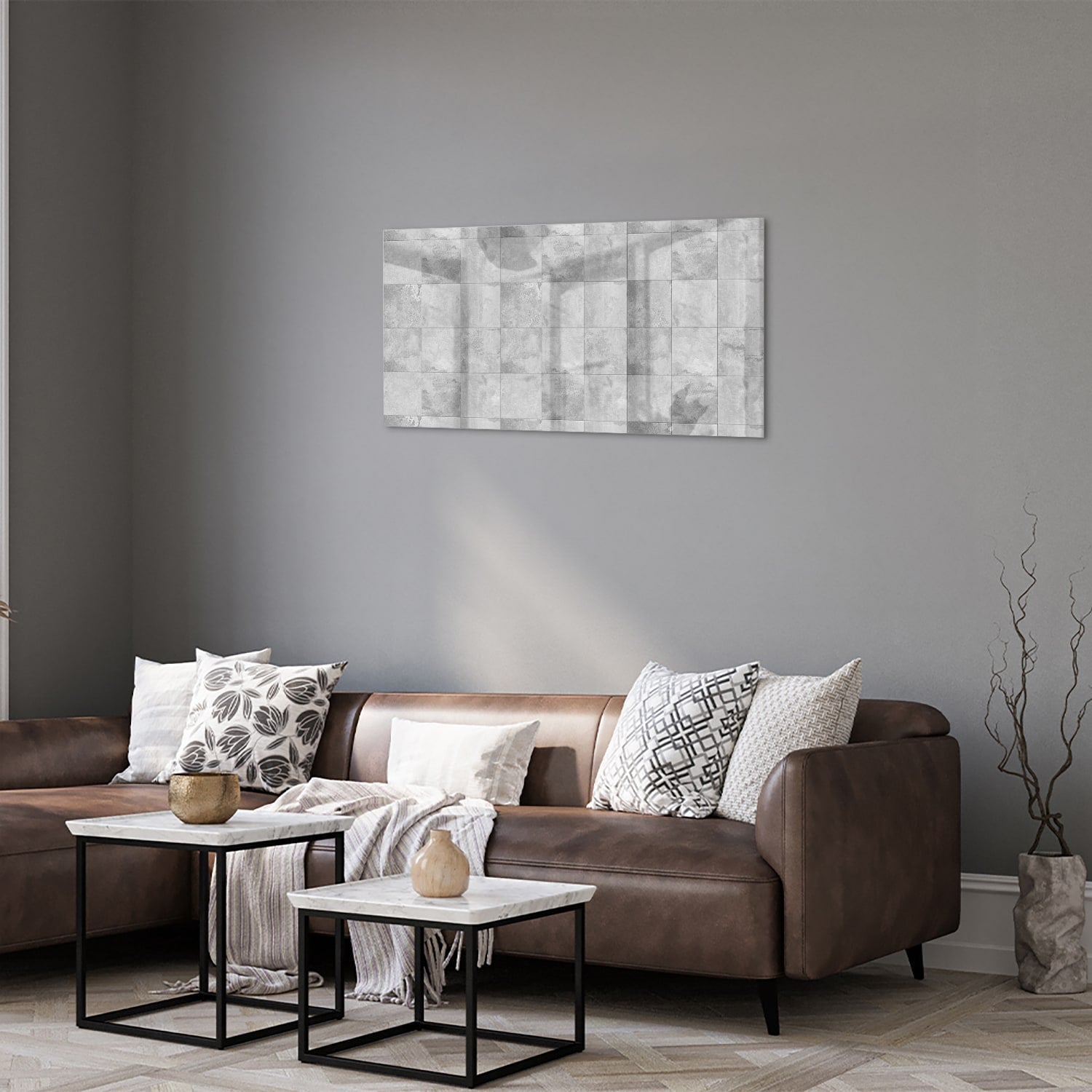 Modernes Glasbild mit abstrakten Grautönen – Glasbild aus Sicherheitsglas, Größe 125x50