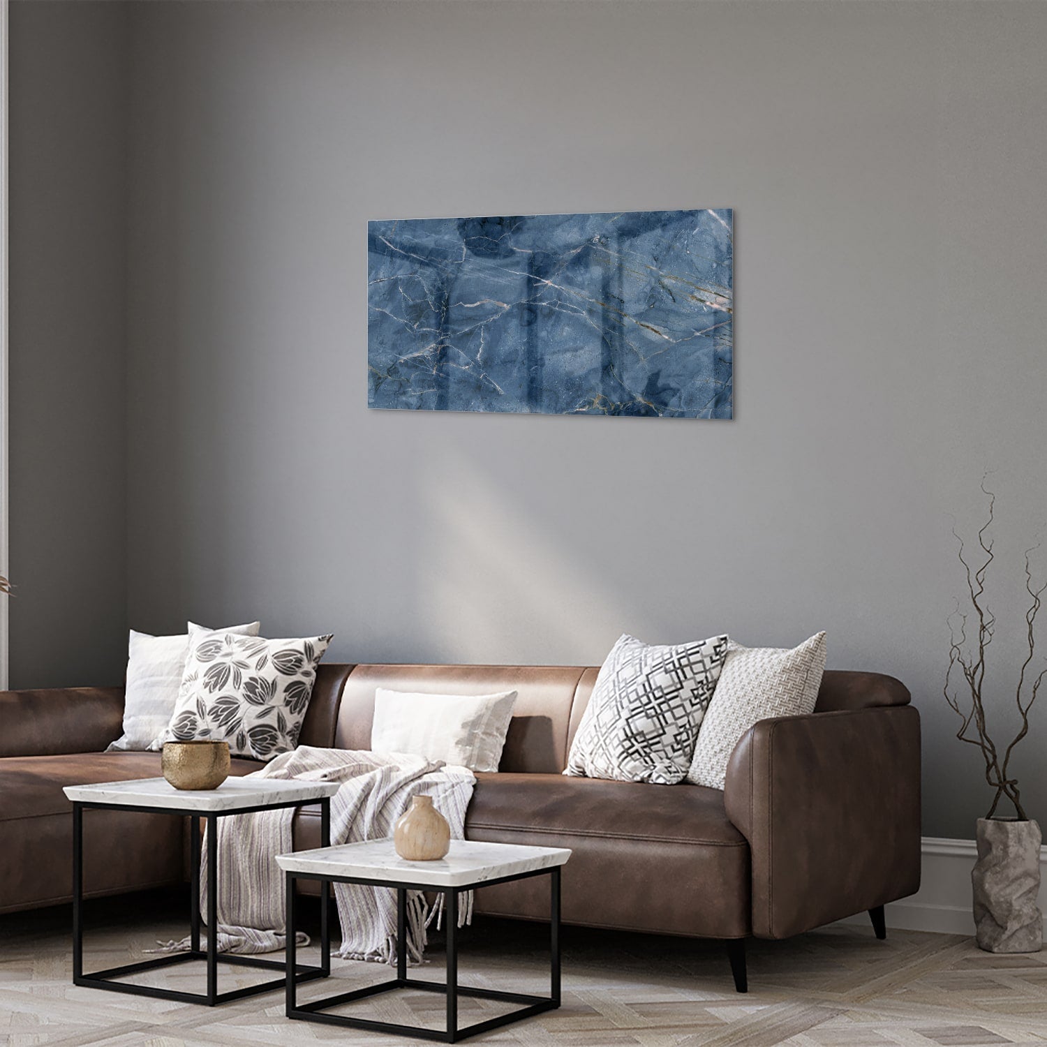 Blaues Glasbild mit Marmoroptik – Glasbild aus Sicherheitsglas, Größe 125x50