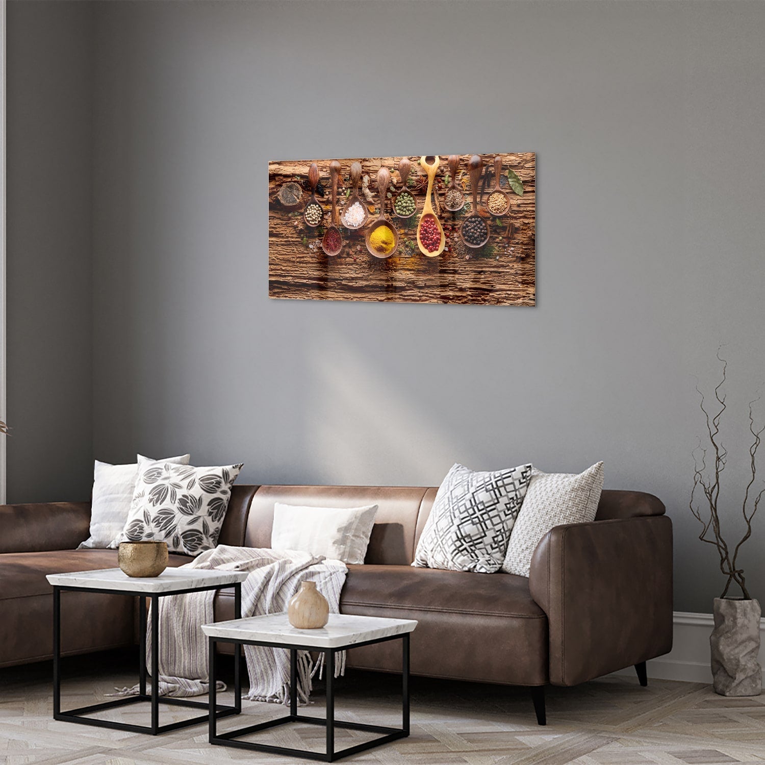 Buntes Glasbild mit Gewürzen und Löffelmotiven – Glasbild aus Sicherheitsglas, Größe 125x50