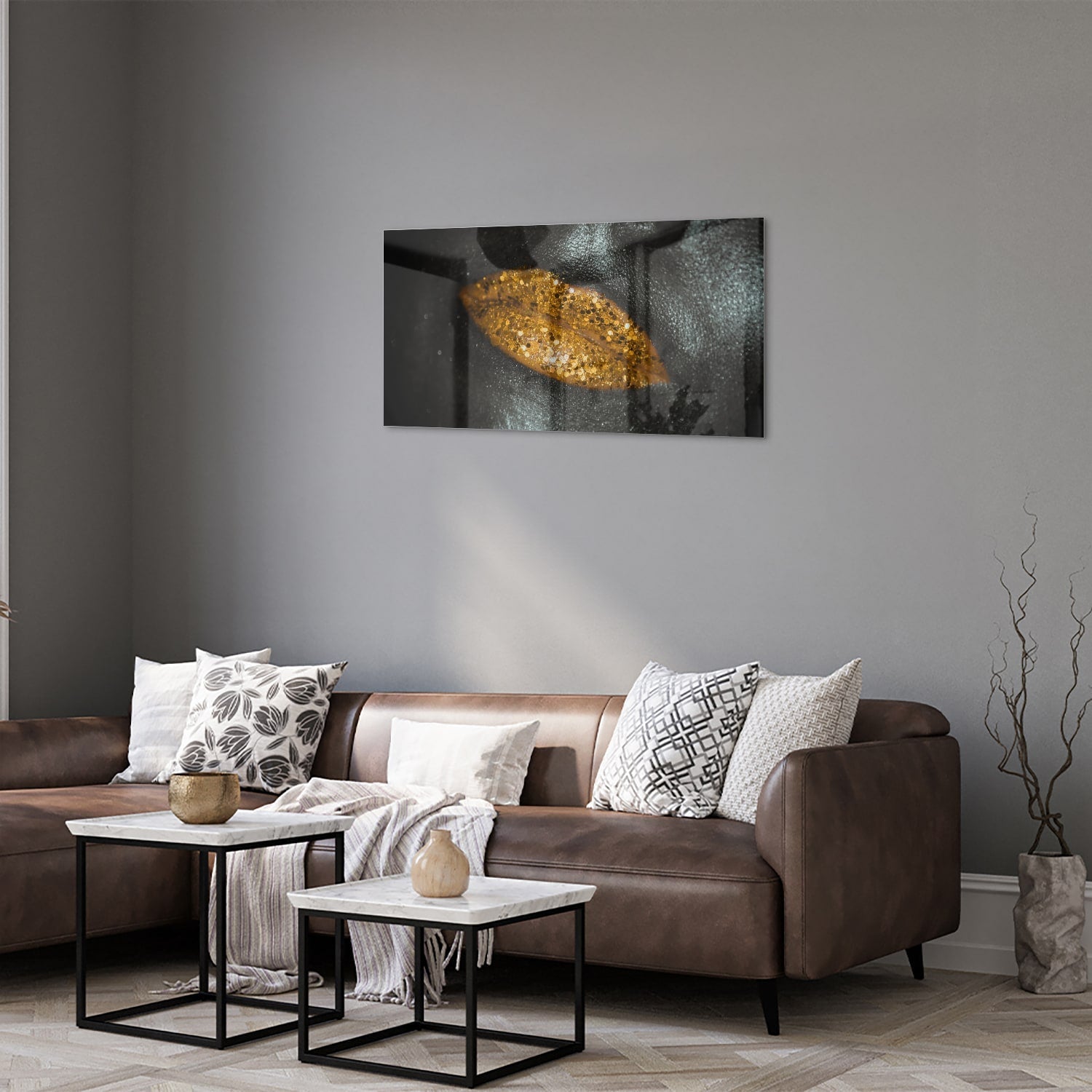 Glasbild mit goldenem Blatt für Ihr Interieur – Glasbild aus Sicherheitsglas, Größe 125x50