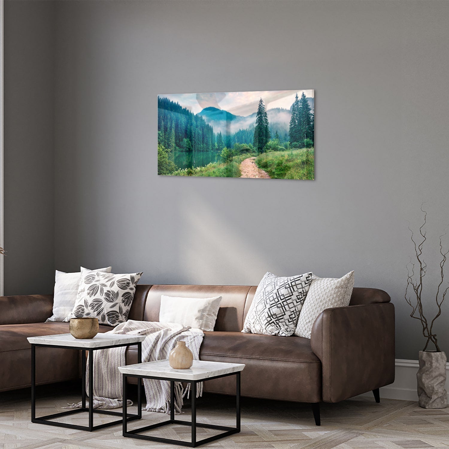 Stimmungsvolles Glasbild mit einer Berglandschaft – Glasbild aus Sicherheitsglas, Größe 125x50