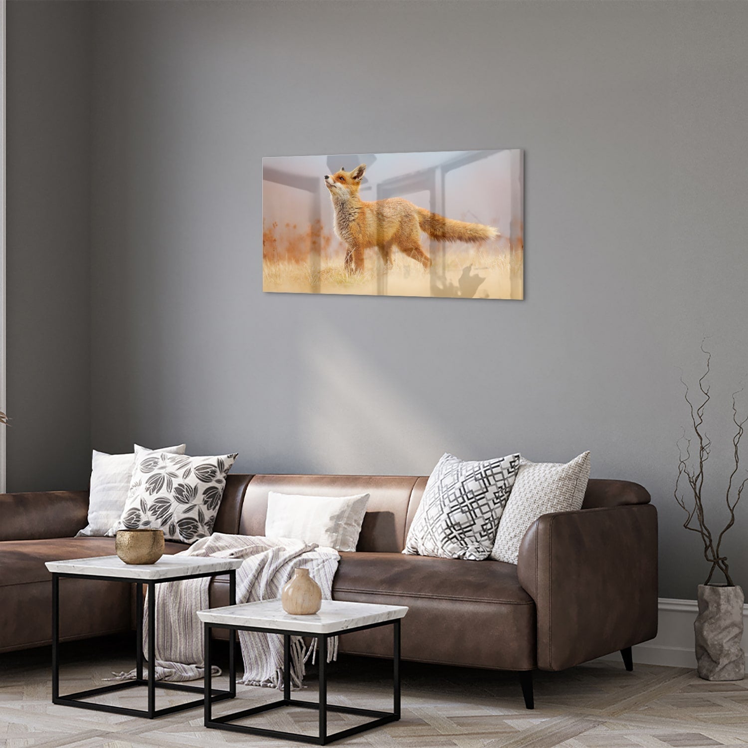 Stilvolles Glasbild mit einem Fuchs in der Natur – Glasbild aus Sicherheitsglas, Größe 125x50