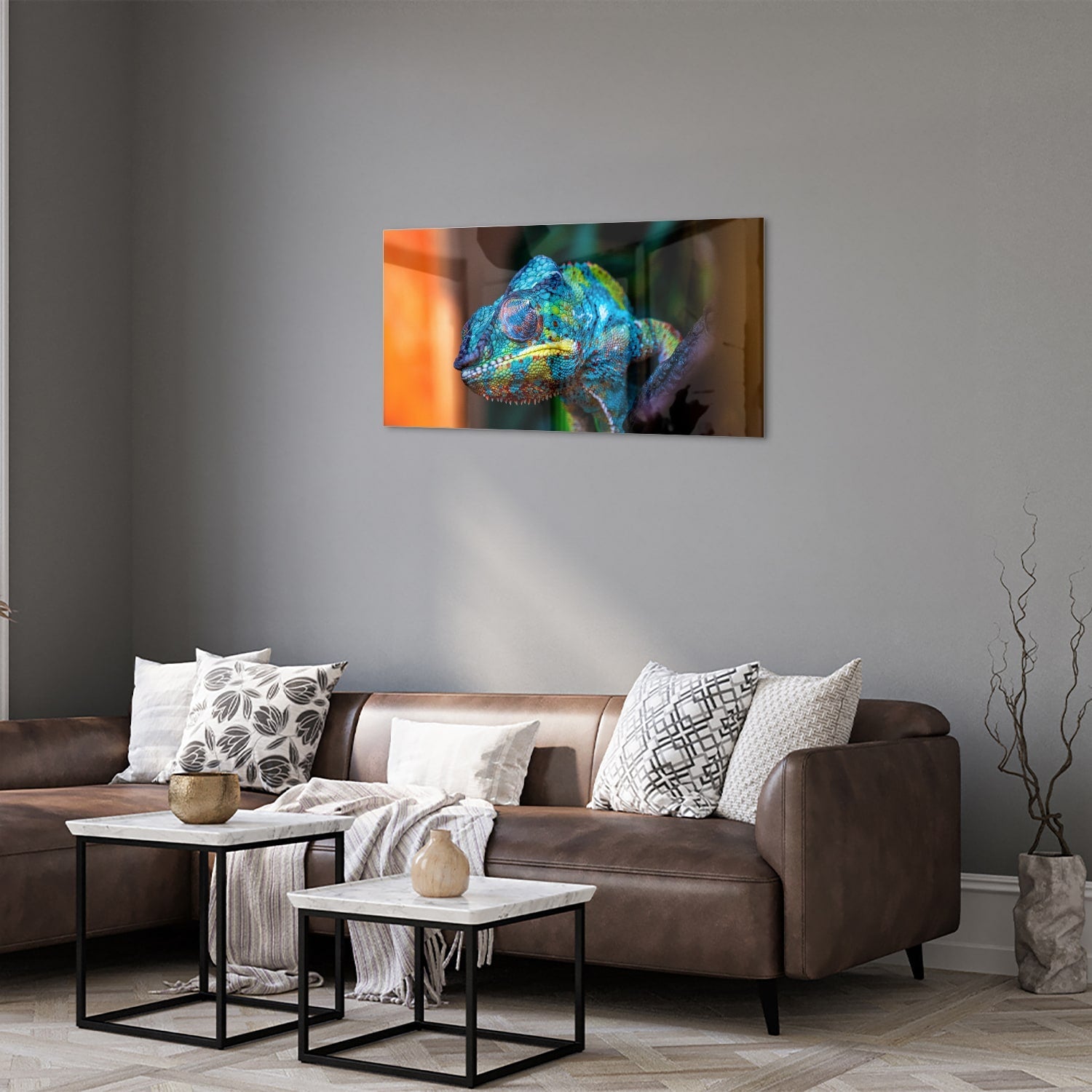 Farbenfrohes Chamäleon-Glasbild für Ihr Interieur – Glasbild aus Sicherheitsglas, Größe 125x50
