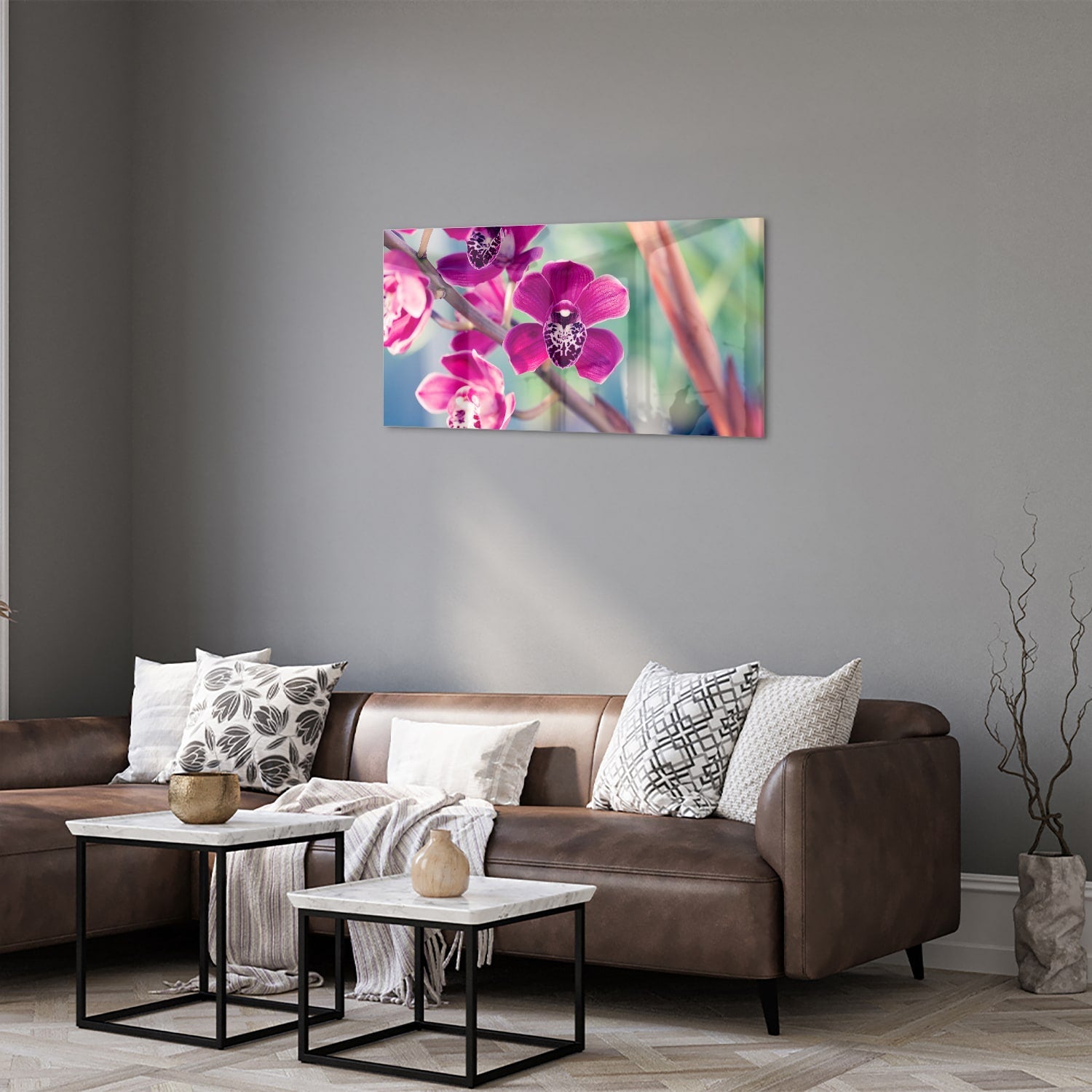Wunderschönes Glasbild mit violetten Orchideen – Glasbild aus Sicherheitsglas, Größe 125x50