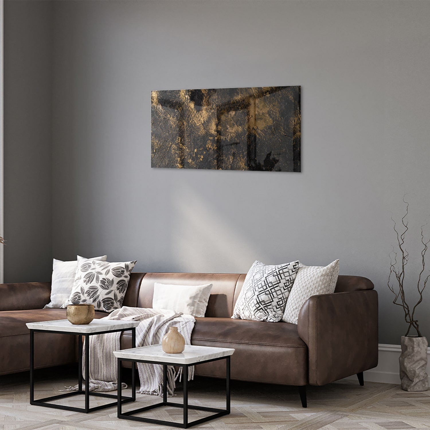 Modernes Glasbild mit goldenen Akzenten – Glasbild aus Sicherheitsglas, Größe 125x50