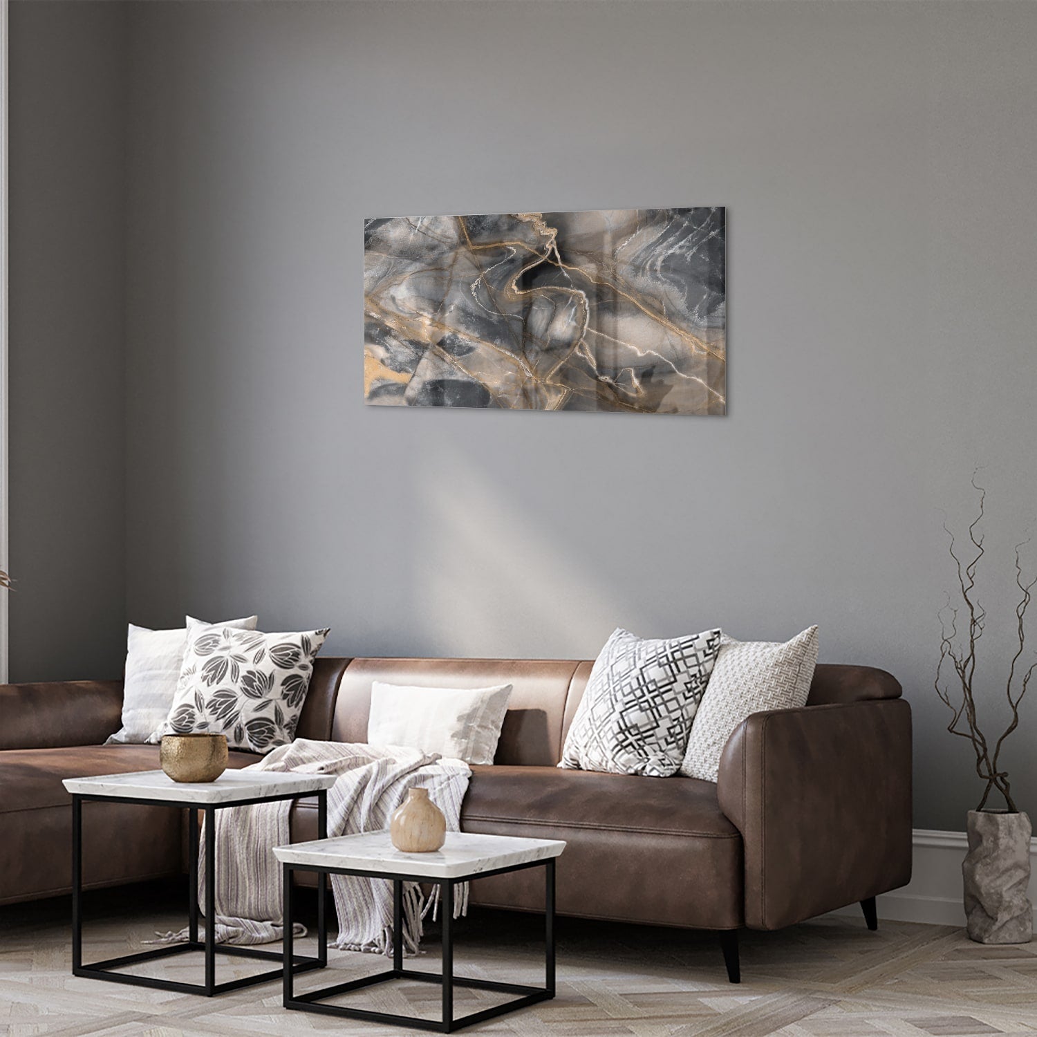 Modernes Glasbild mit abstrakten Linien in Schwarz und Gold – Glasbild aus Sicherheitsglas, Größe 125x50