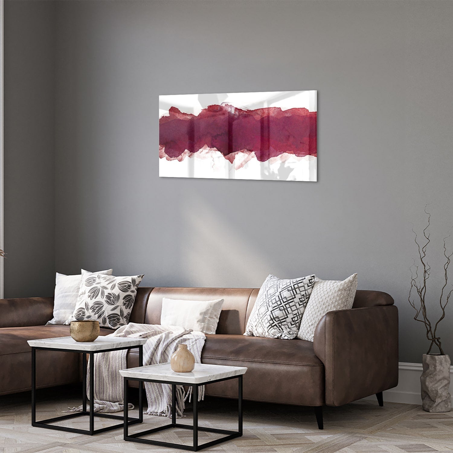 Abstraktes Glasbild in Tiefrot – Glasbild aus Sicherheitsglas, Größe 125x50