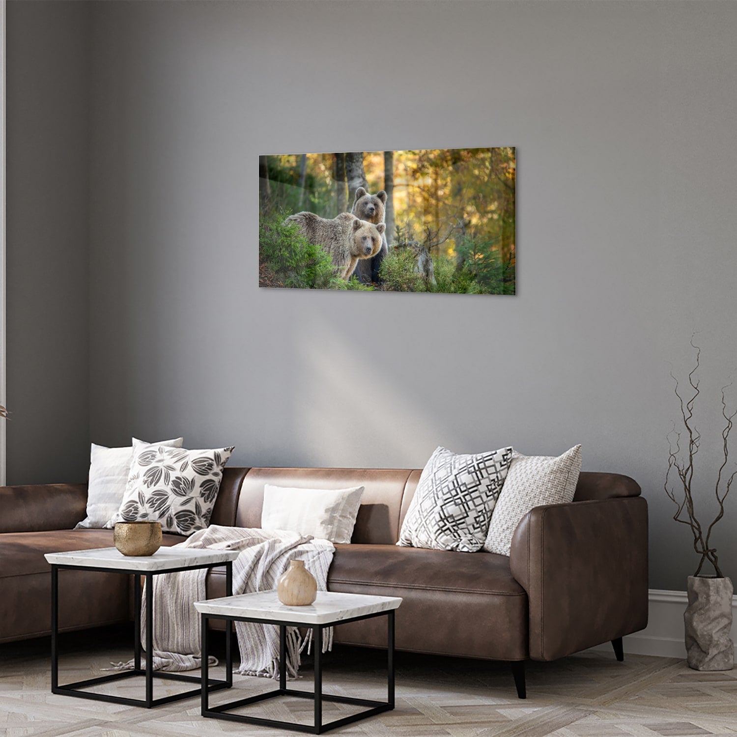 Glasbild mit zwei niedlichen Bären im Wald – Glasbild aus Sicherheitsglas, Größe 125x50