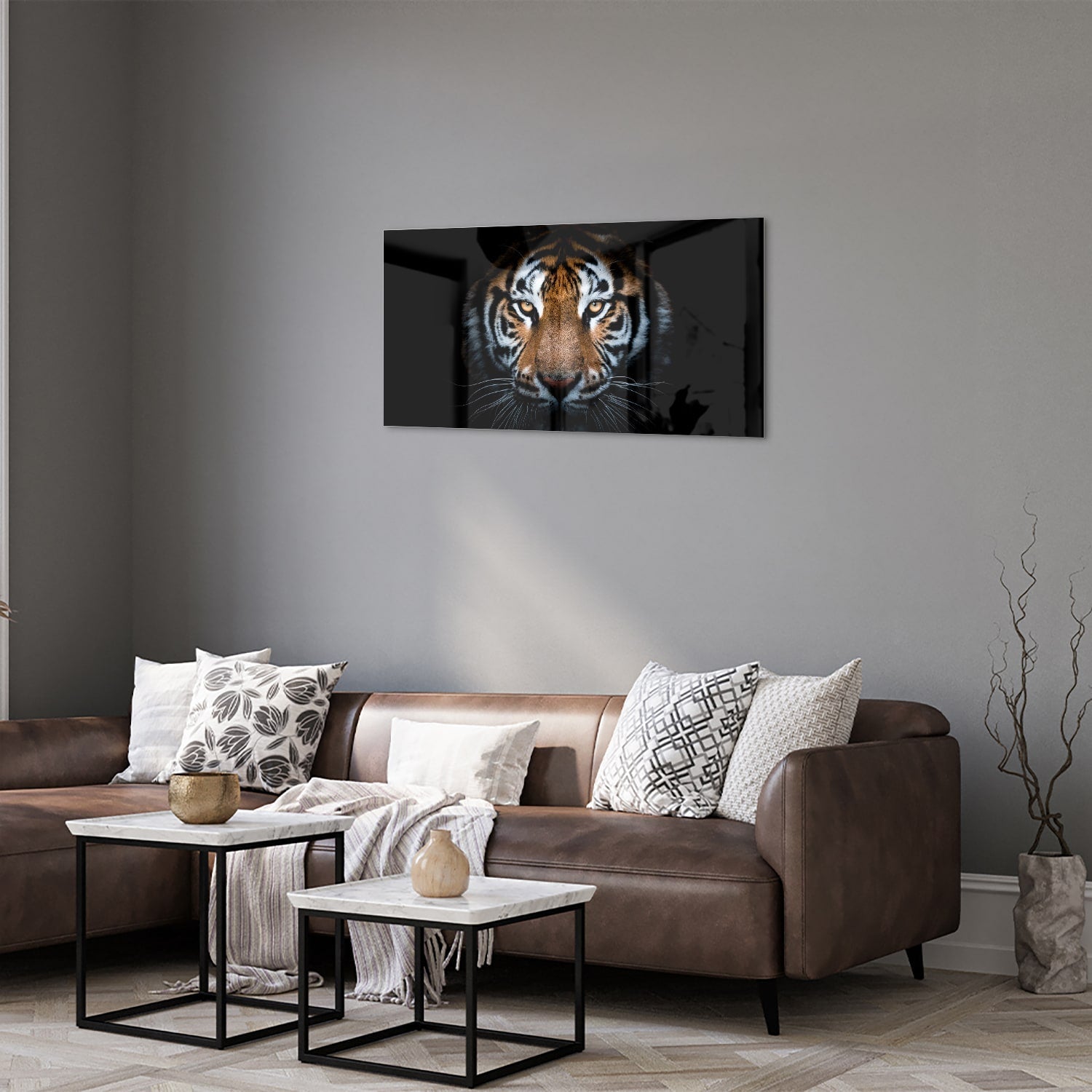 Beeindruckendes Glasbild mit einem Tigergesicht – Glasbild aus Sicherheitsglas, Größe 125x50