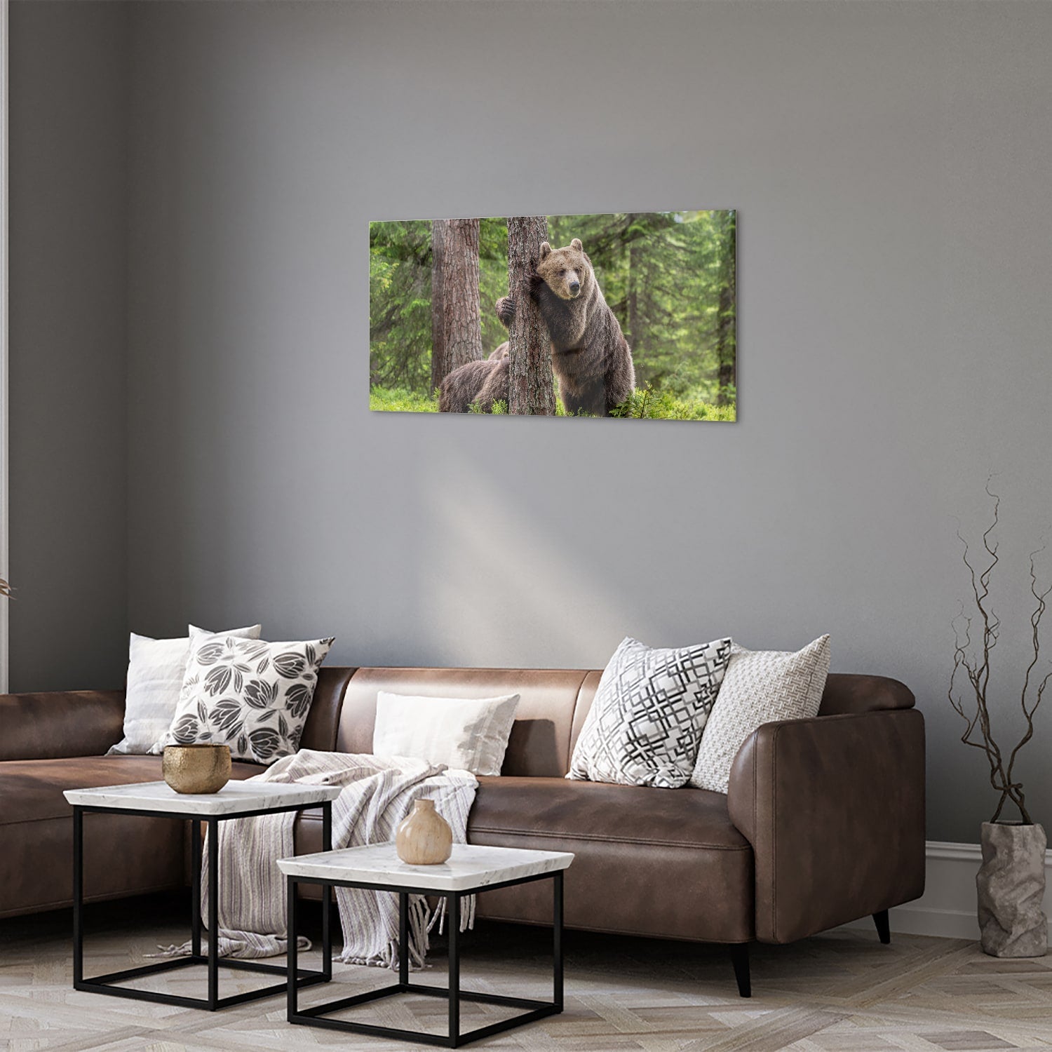 Glasbild mit beeindruckenden Grizzlybären in der Wildnis – Glasbild aus Sicherheitsglas, Größe 125x50