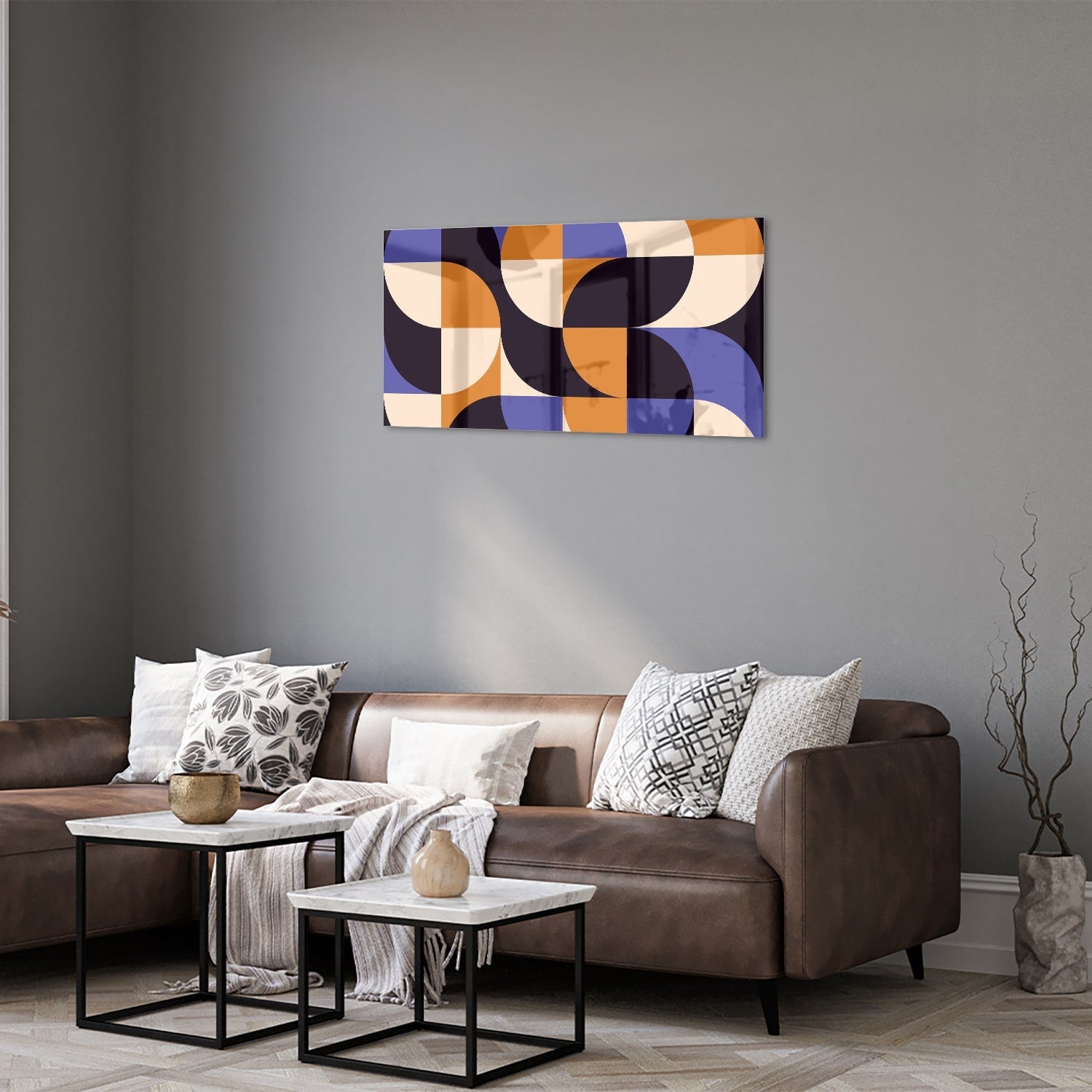 Abstraktes Glasbild in blauen und Orangetönen – Glasbild aus Sicherheitsglas, Größe 125x50