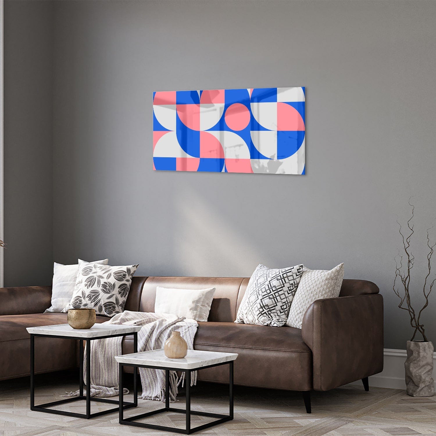 Abstraktes Glasbild mit blauen und rosa Farbtönen – Glasbild aus Sicherheitsglas, Größe 125x50
