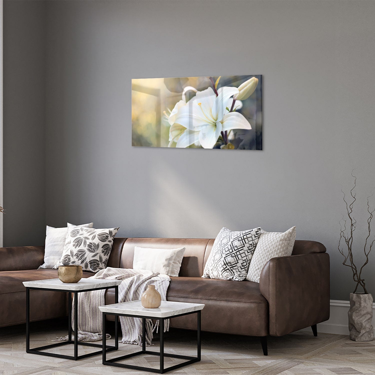 Elegantes Glasbild mit weißer Lilie – Glasbild aus Sicherheitsglas, Größe 125x50