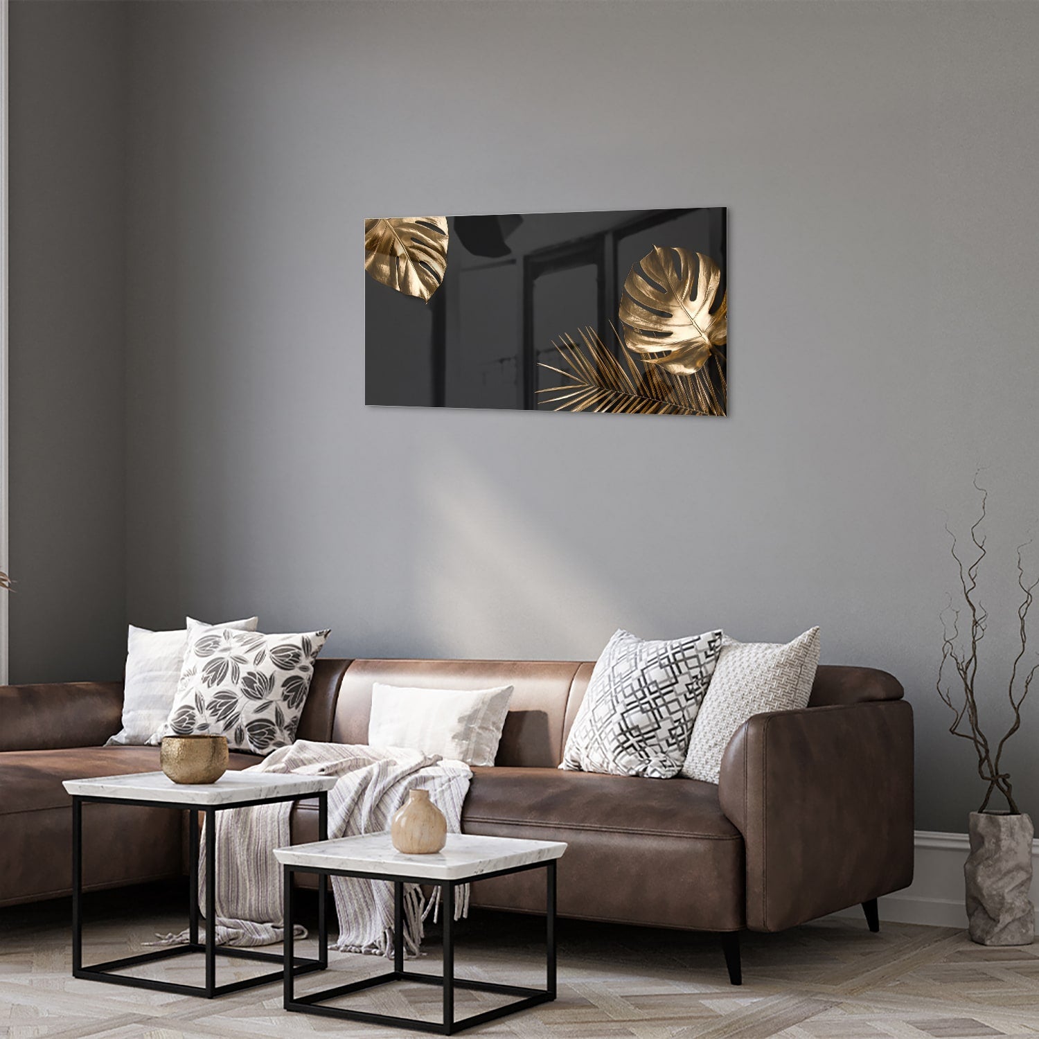 Glänzendes Glasbild mit goldenen Blättern – Glasbild aus Sicherheitsglas, Größe 125x50