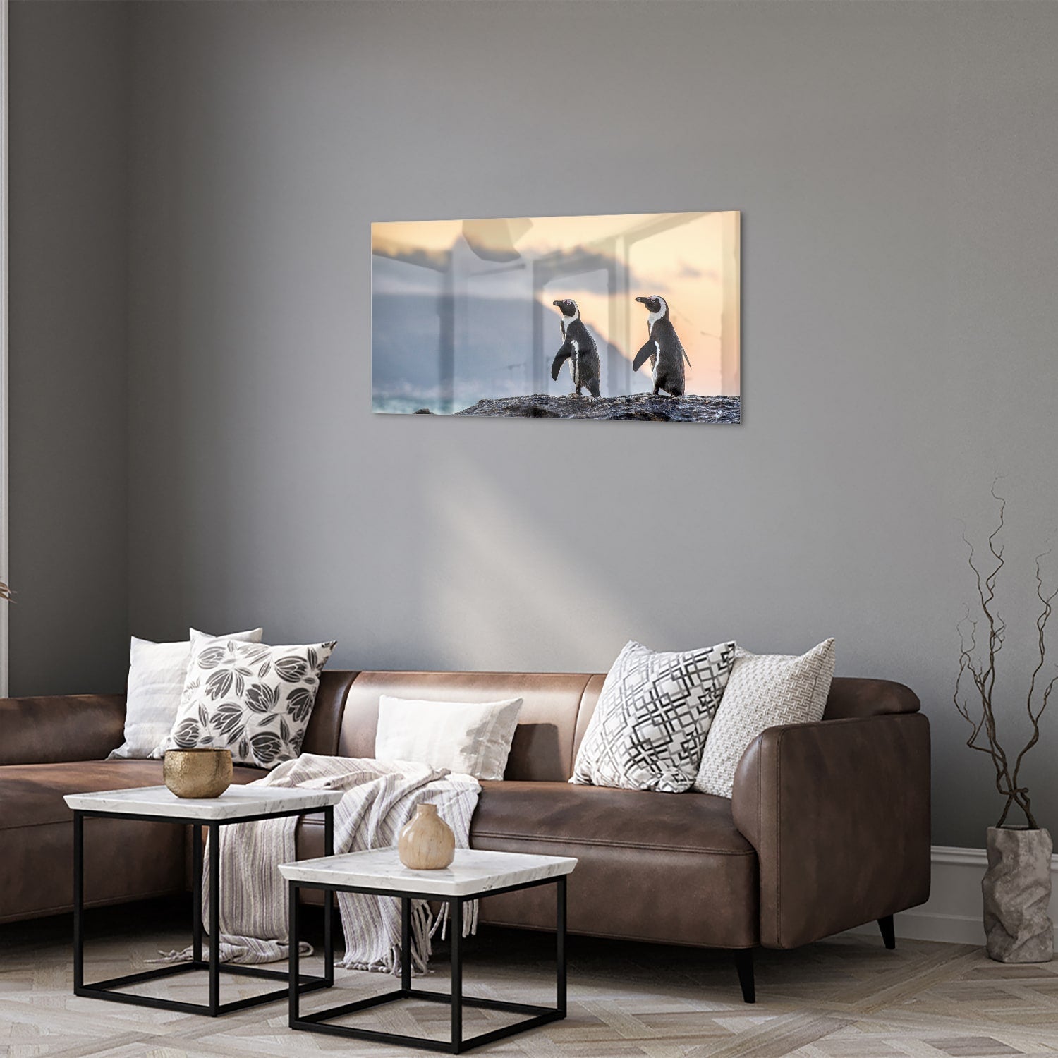 Glasbild mit Pinguinen bei Sonnenuntergang – Glasbild aus Sicherheitsglas, Größe 125x50