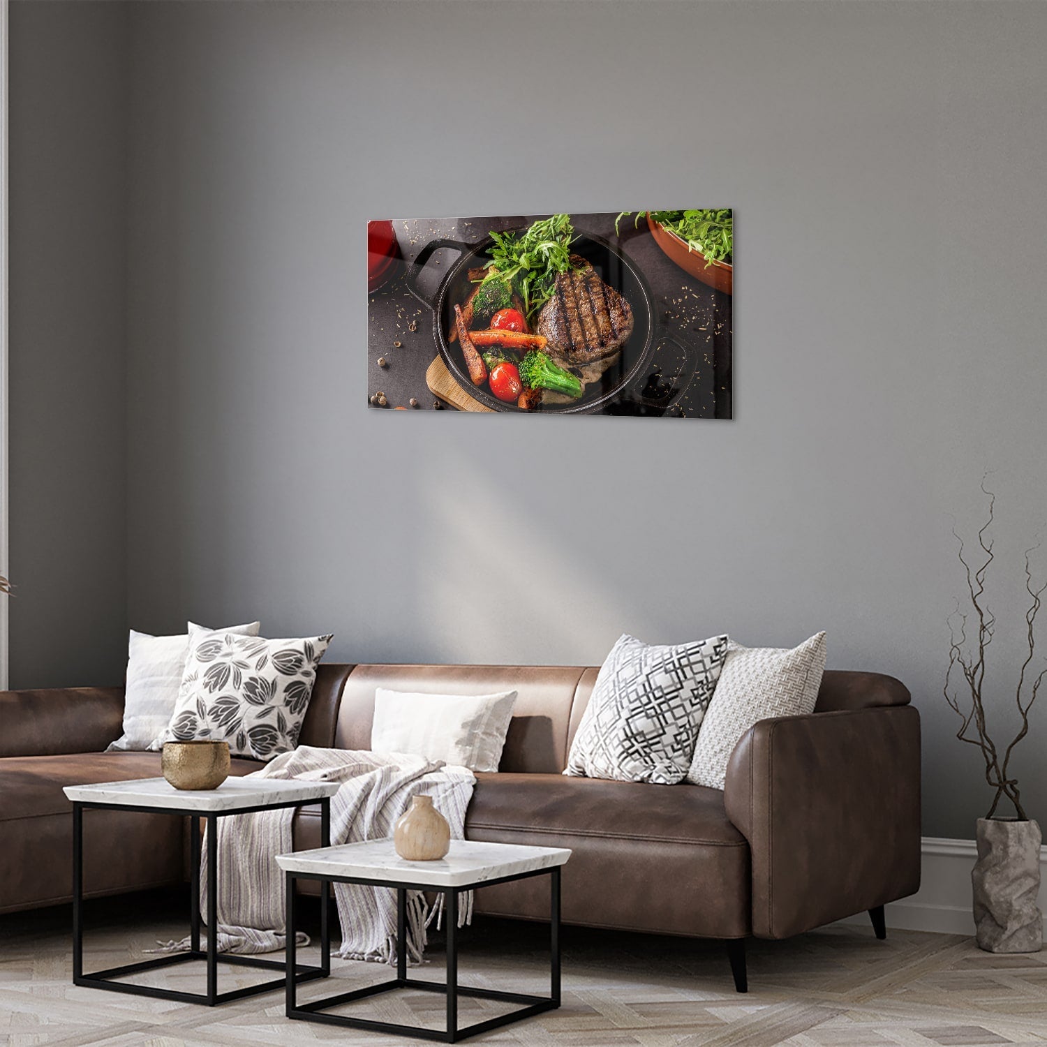 Glasbild mit köstlichen gegrillten Speisen – Glasbild aus Sicherheitsglas, Größe 125x50