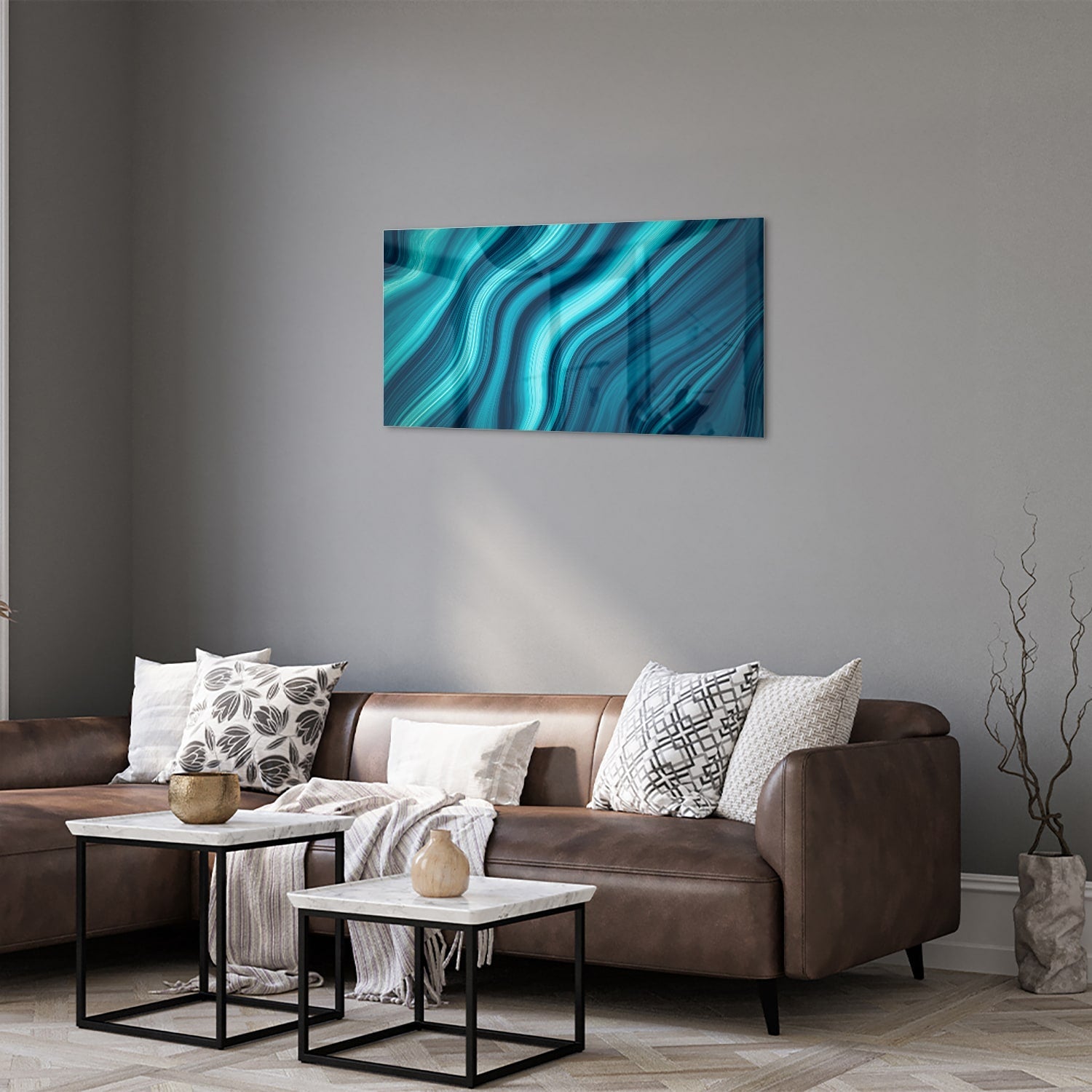 Stilvolles Glasbild mit blauen Wellen – Glasbild aus Sicherheitsglas, Größe 125x50