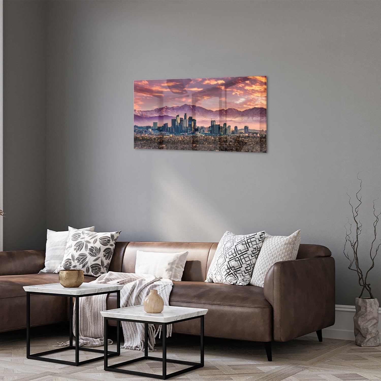 Glasbild Stadtpanorama bei Sonnenuntergang – Glasbild aus Sicherheitsglas, Größe 125x50