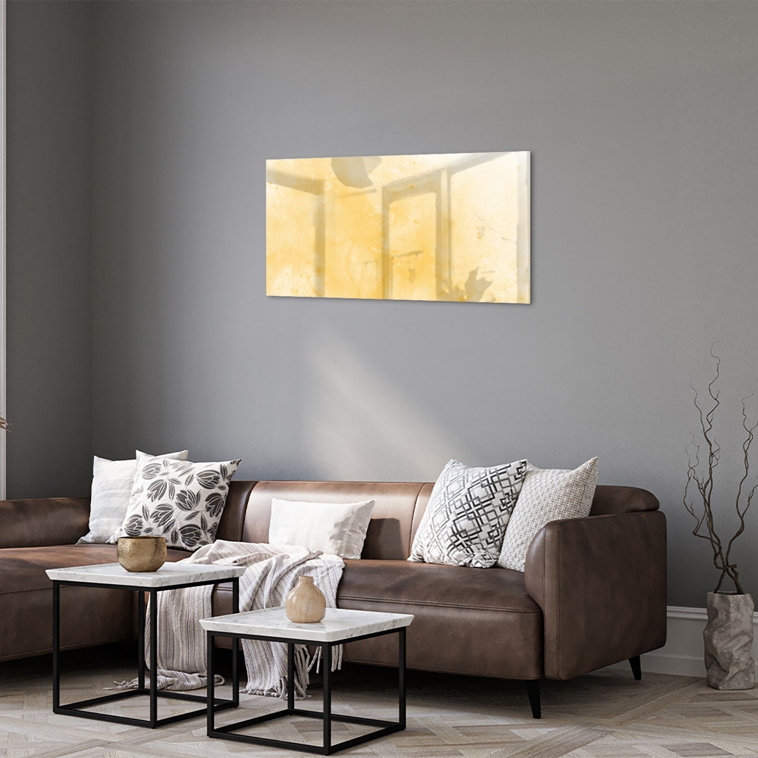 Goldenes abstraktes Glasbild für moderne Innenräume – Glasbild aus Sicherheitsglas, Größe 125x50