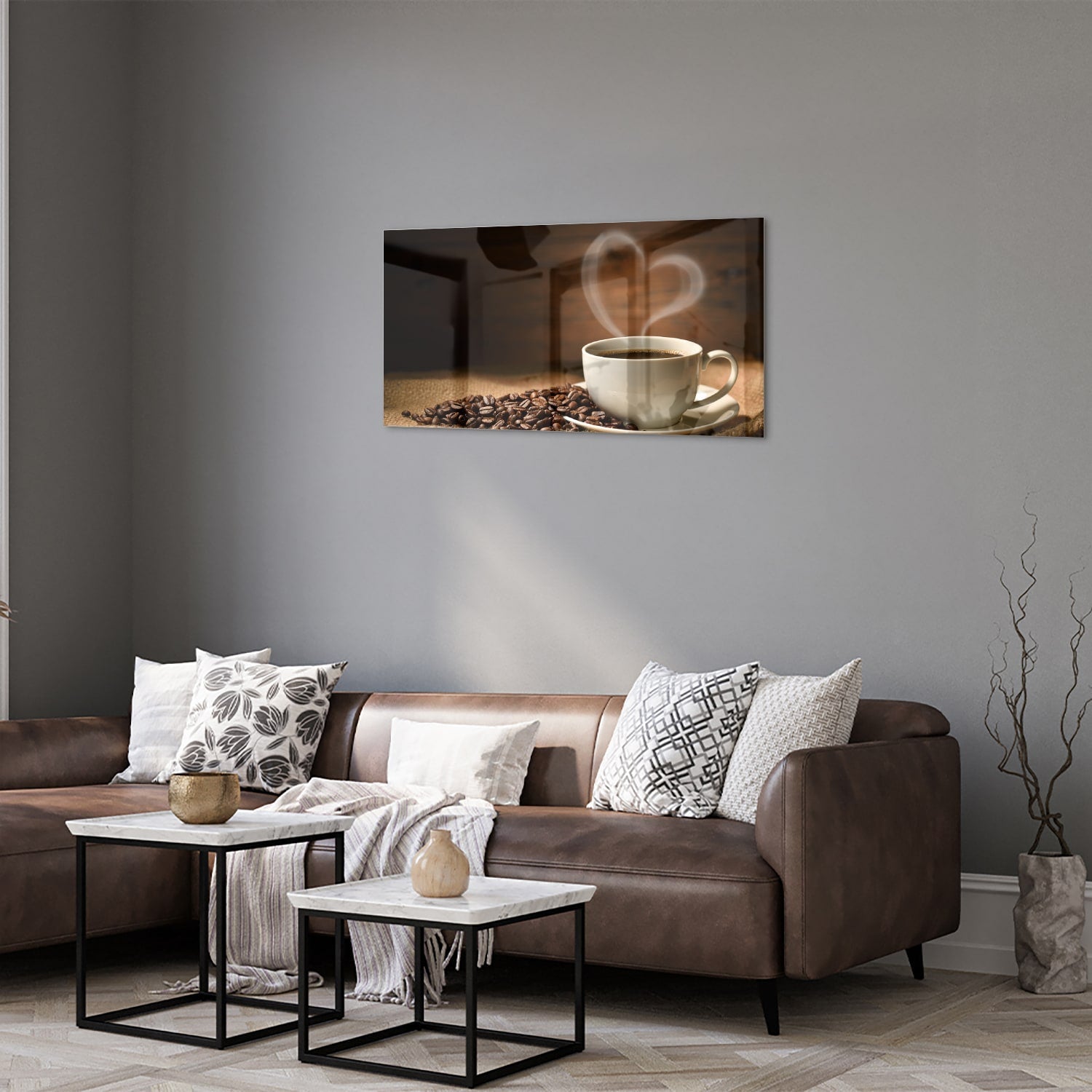 Glasbild mit Kaffee und Kaffeebohnen – Glasbild aus Sicherheitsglas, Größe 125x50
