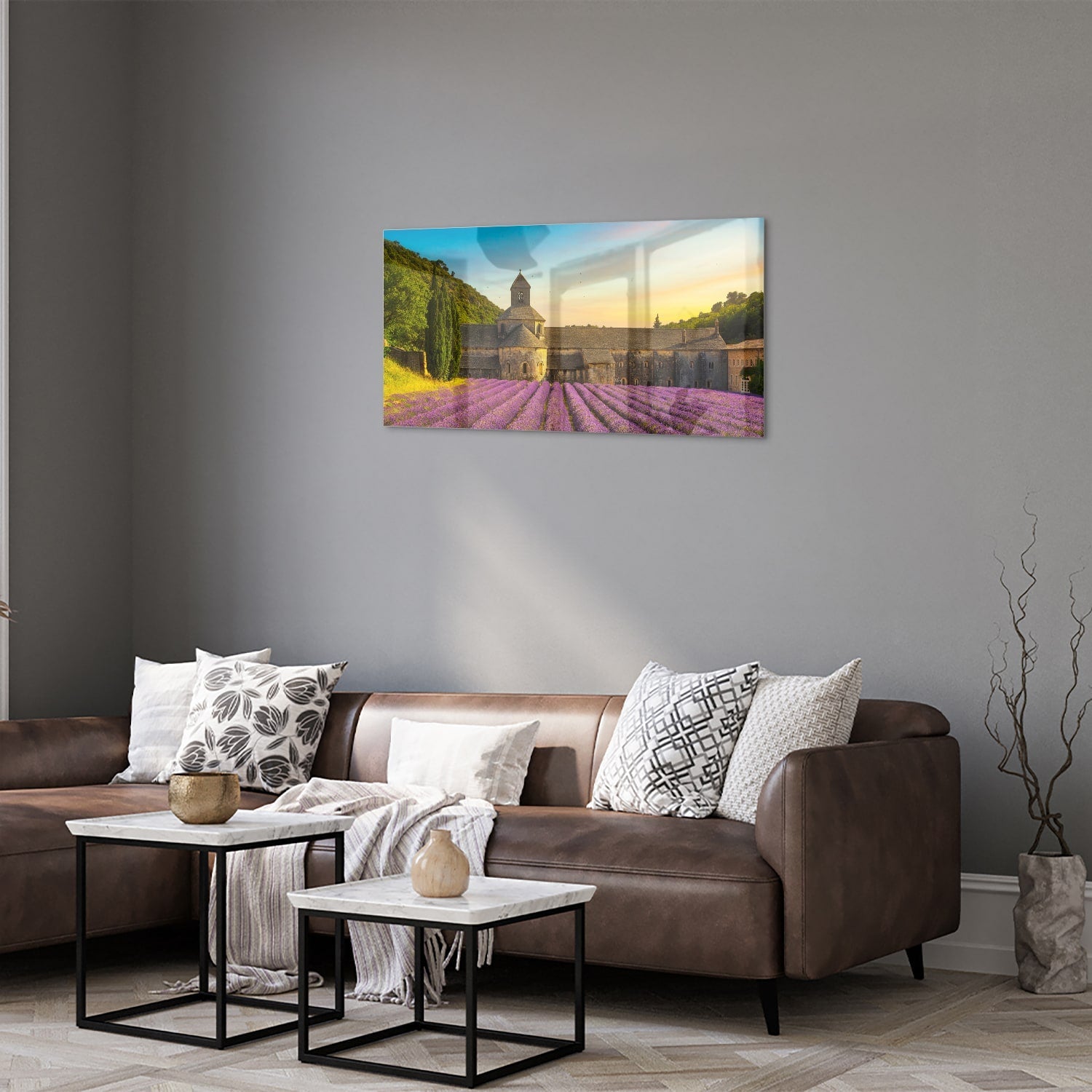 Wunderschönes Glasbild mit Lavendelfeldern – Glasbild aus Sicherheitsglas, Größe 125x50