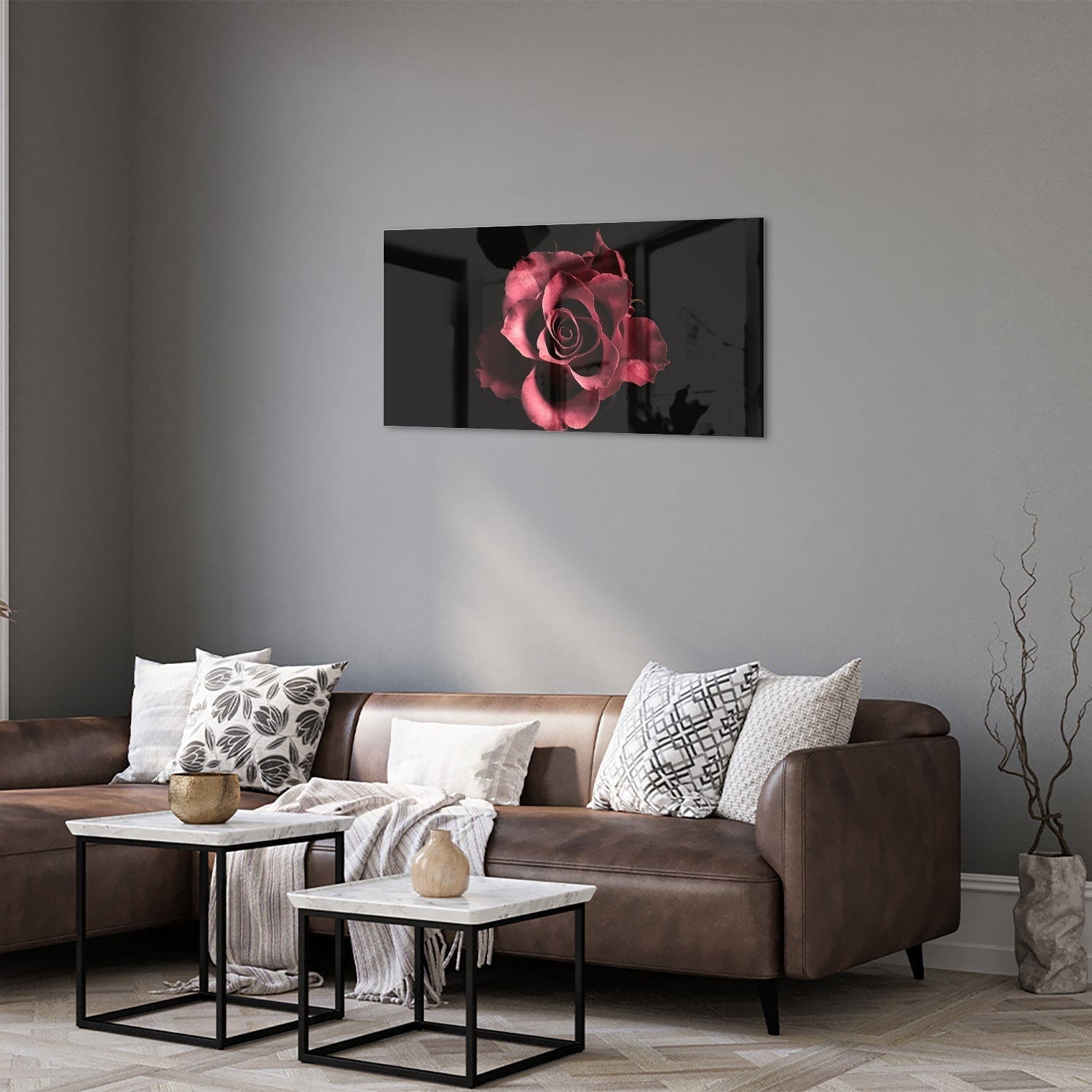 Elegantes Glasbild mit Rosen auf schwarzem Hintergrund – Glasbild aus Sicherheitsglas, Größe 125x50